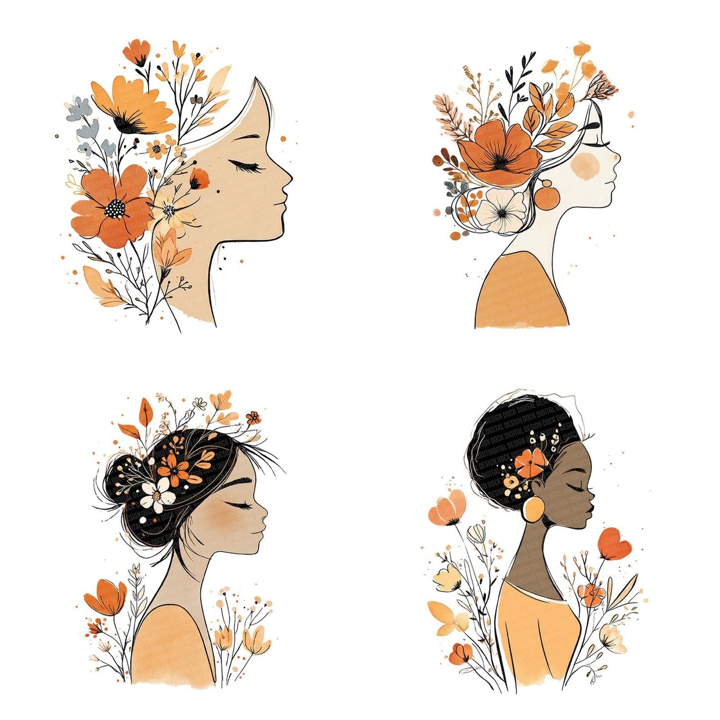 Line Art Woman Florals Clipart Set (DDD005975)