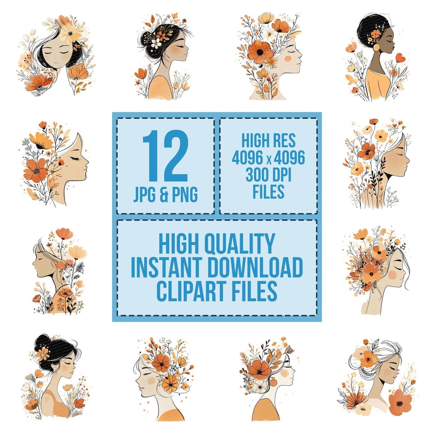 Line Art Woman Florals Clipart Set (DDD005975)