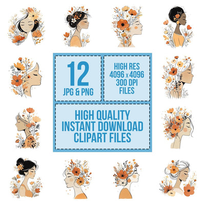 Line Art Woman Florals Clipart Set (DDD005975)