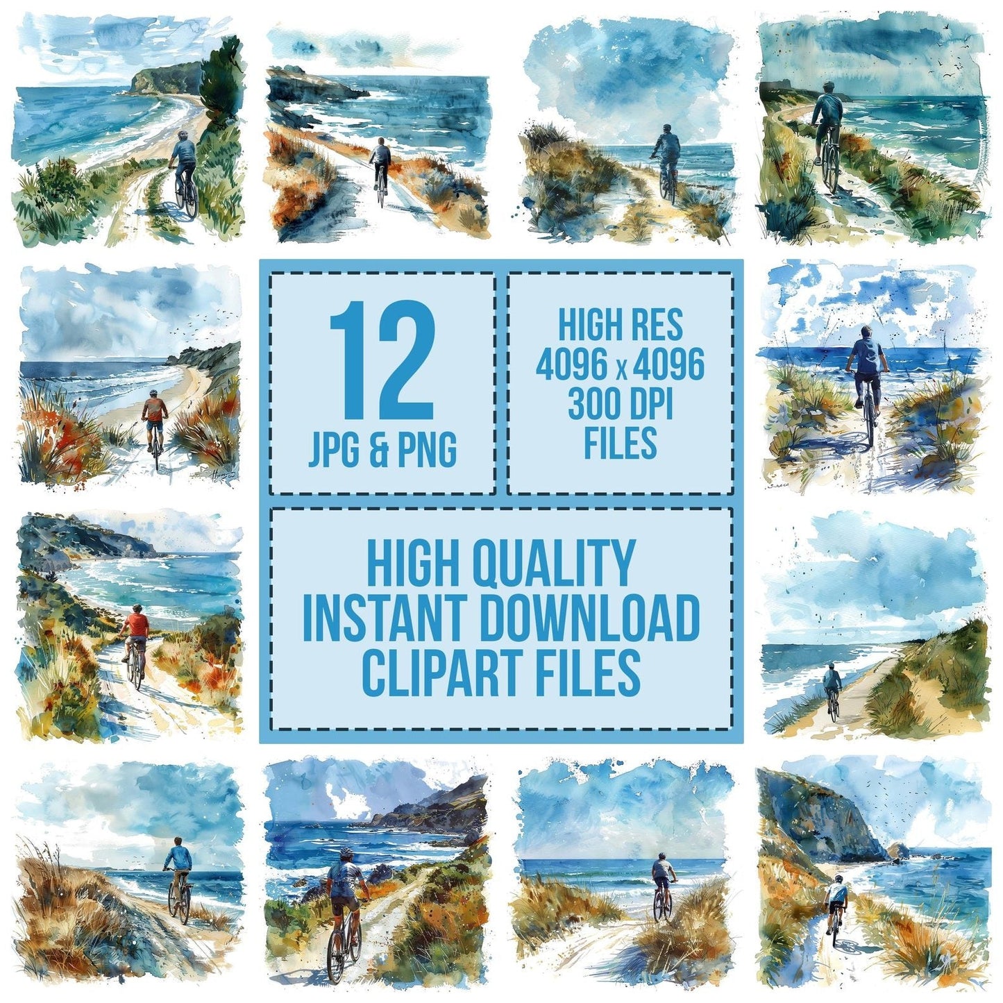 Man Riding Bicycle Coastal Path Clipart Set (DDD006013)