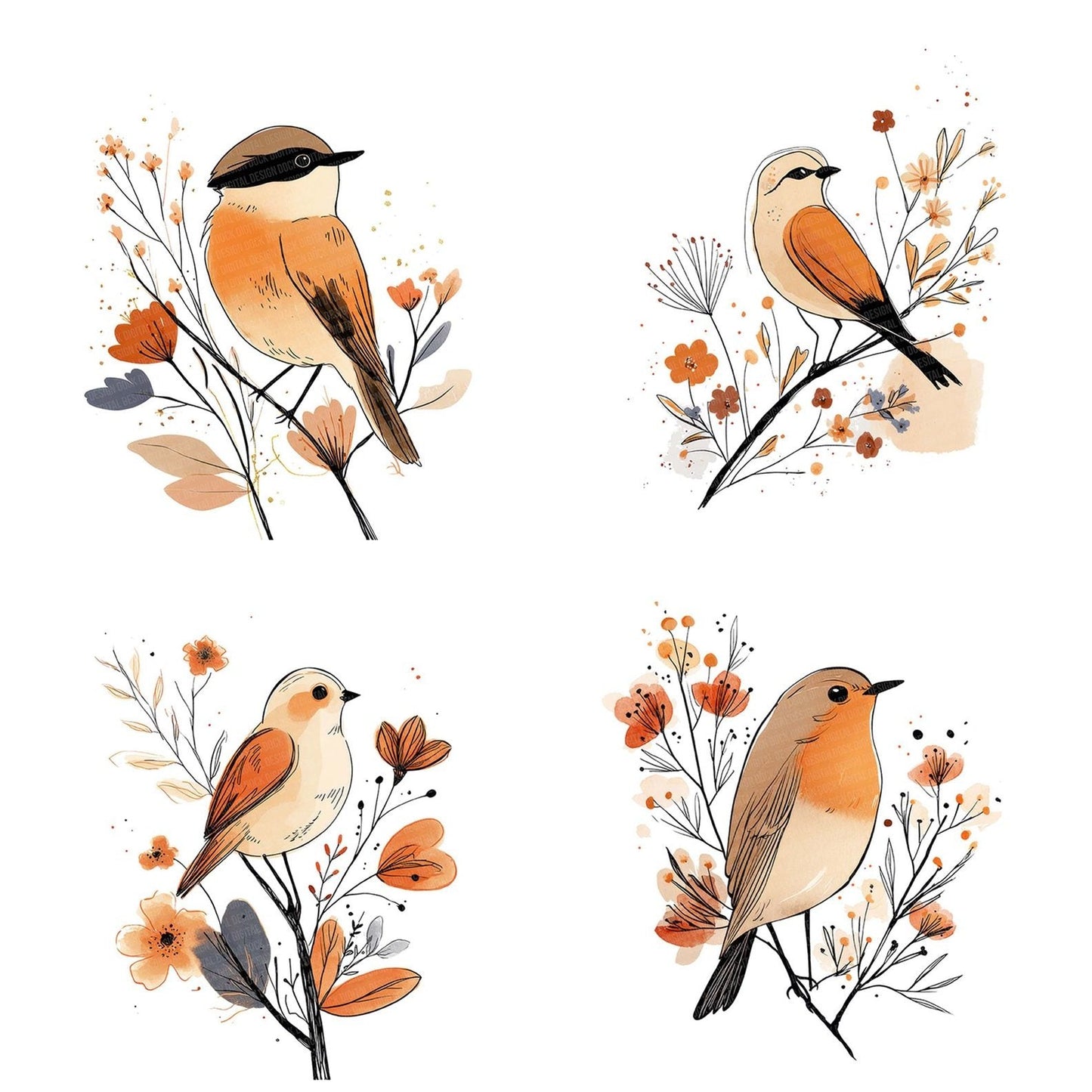 Minimal Floral Bird Clipart Set (DDD006059)