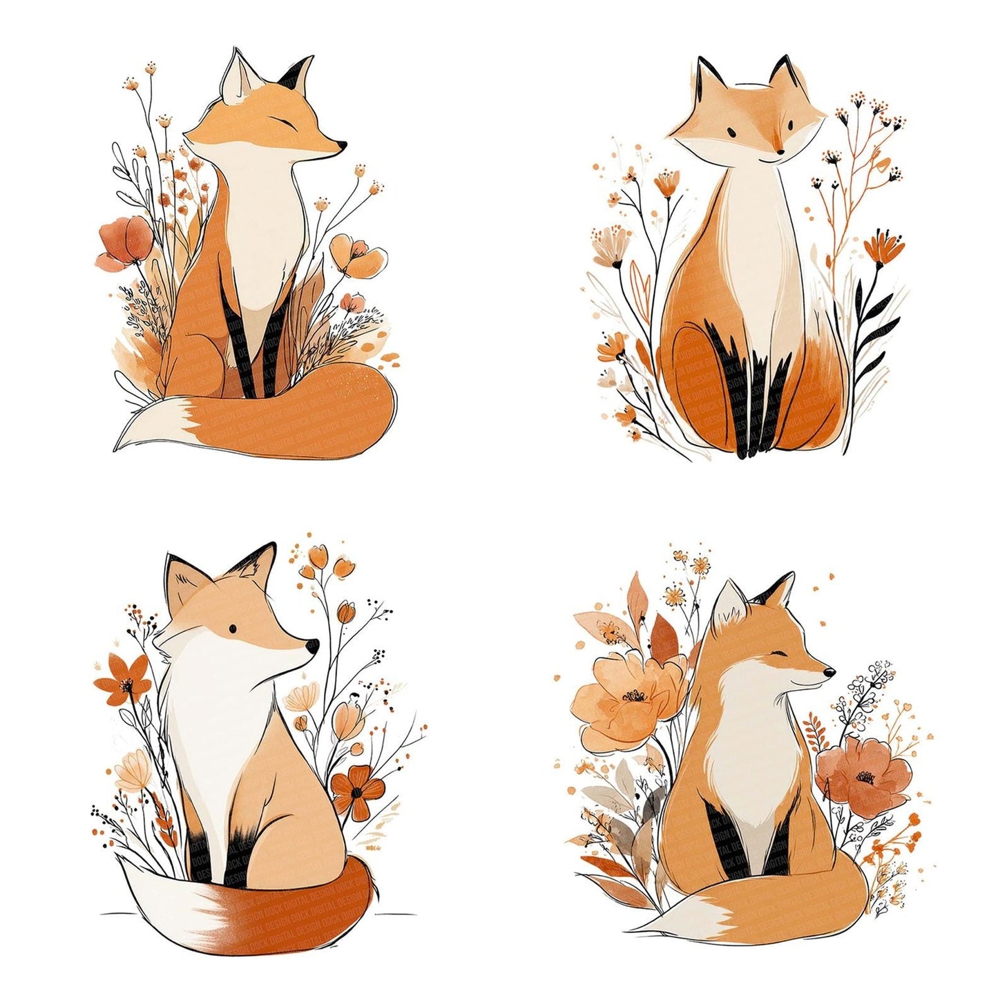 Minimal Floral Fox Clipart Set (DDD006062)
