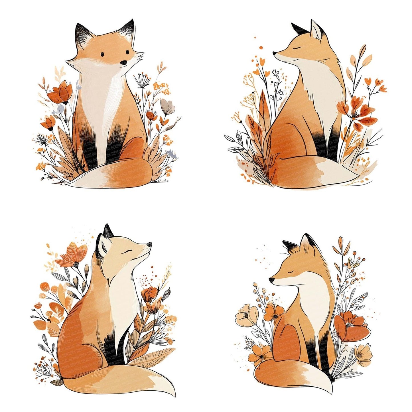 Minimal Floral Fox Clipart Set (DDD006062)