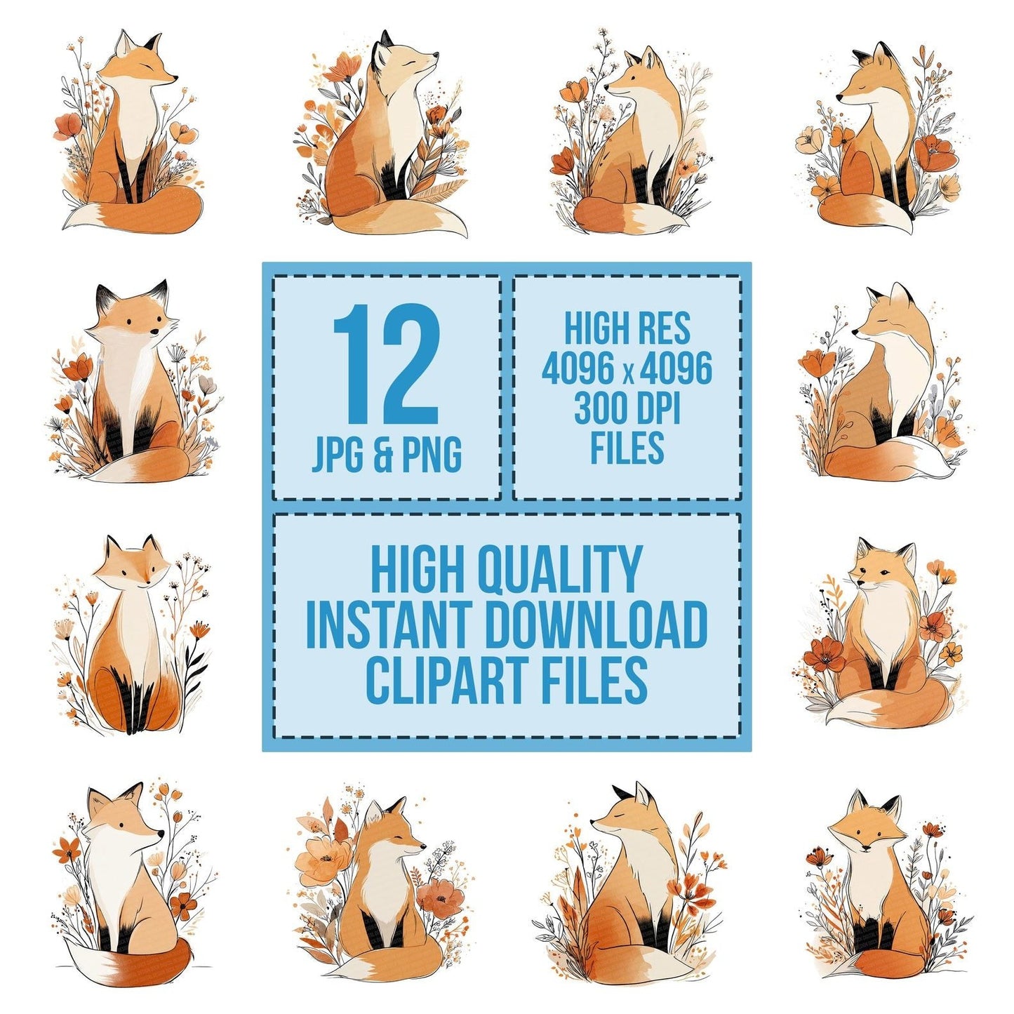 Minimal Floral Fox Clipart Set (DDD006062)