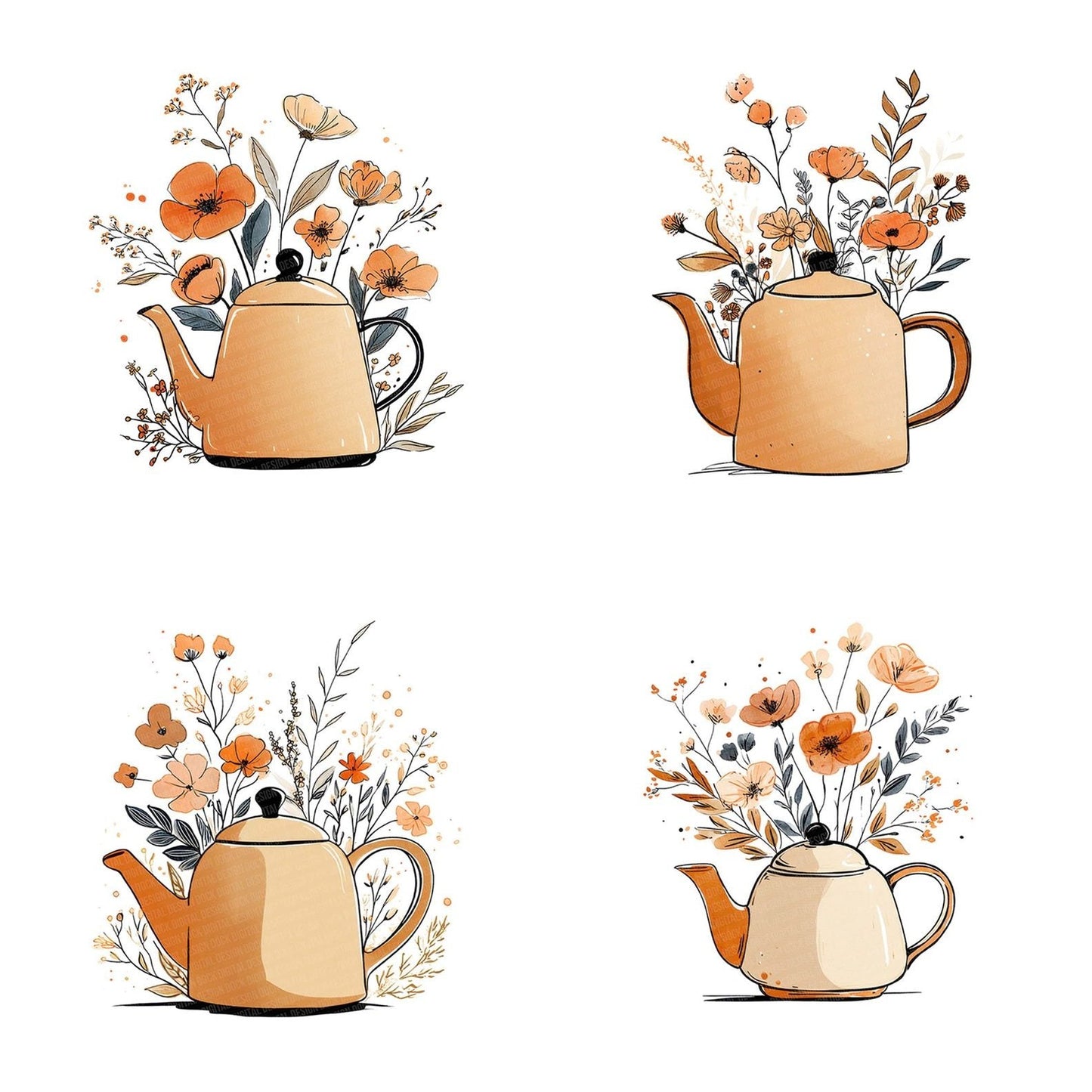 Minimal Floral Teapot Clipart Set (DDD006063)