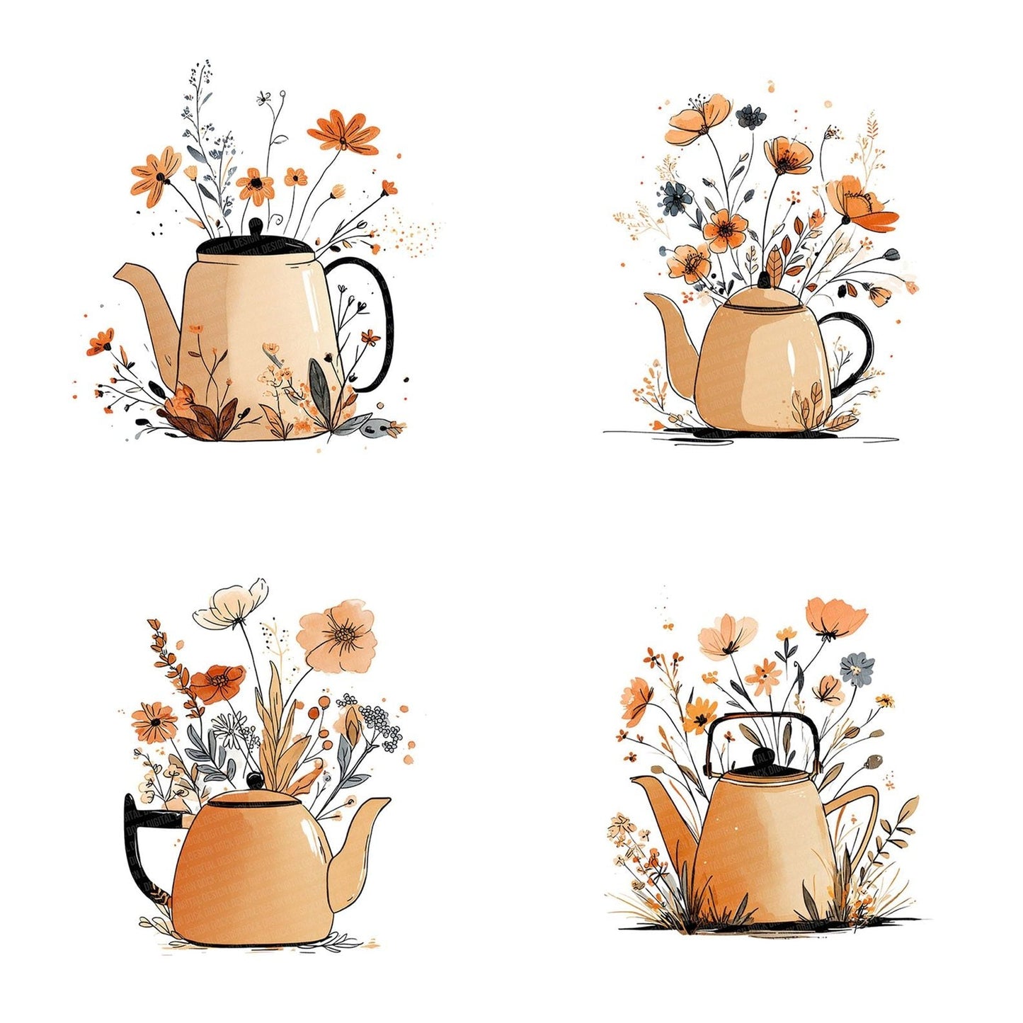 Minimal Floral Teapot Clipart Set (DDD006063)