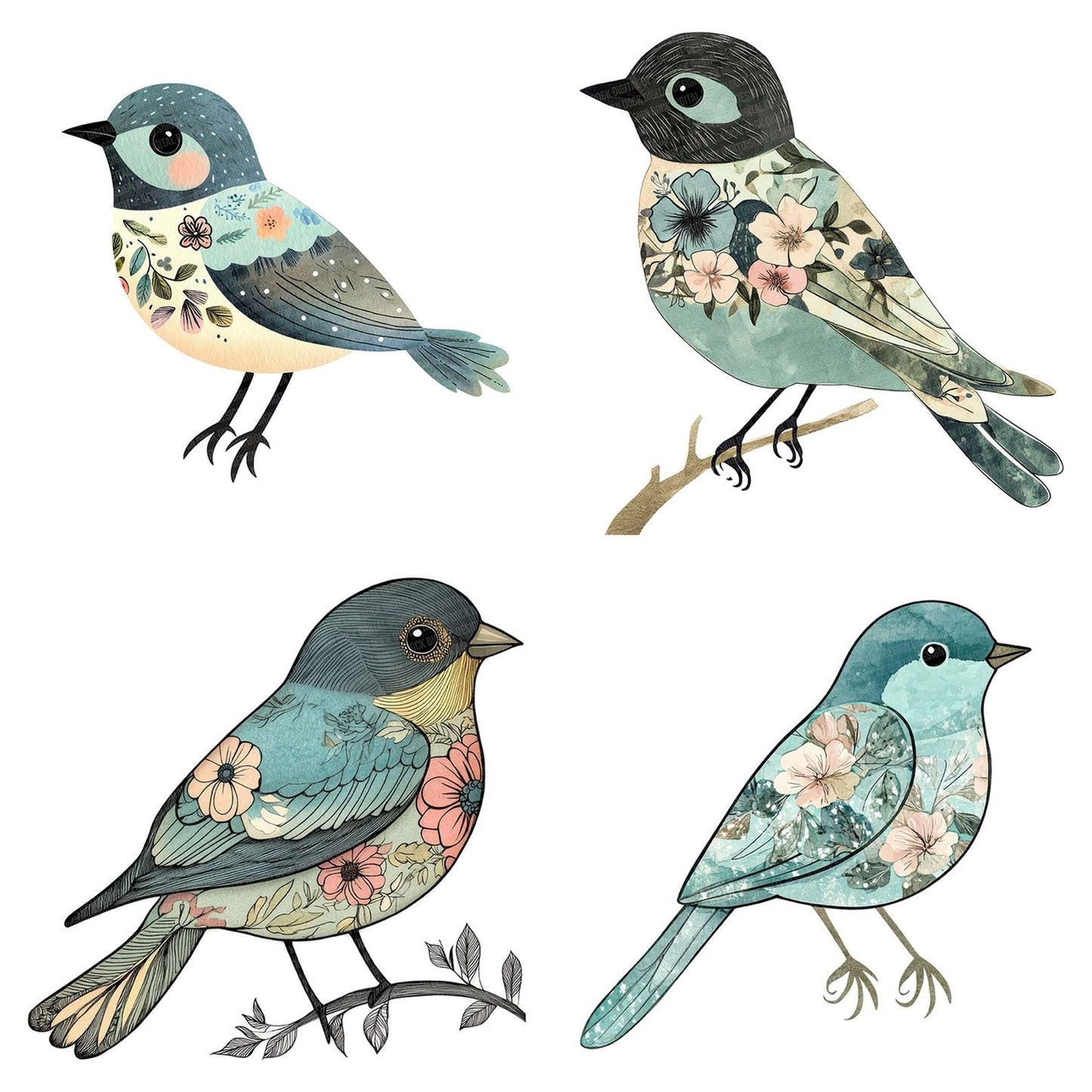 Mint Floral Bird Clipart Set (DDD006072)