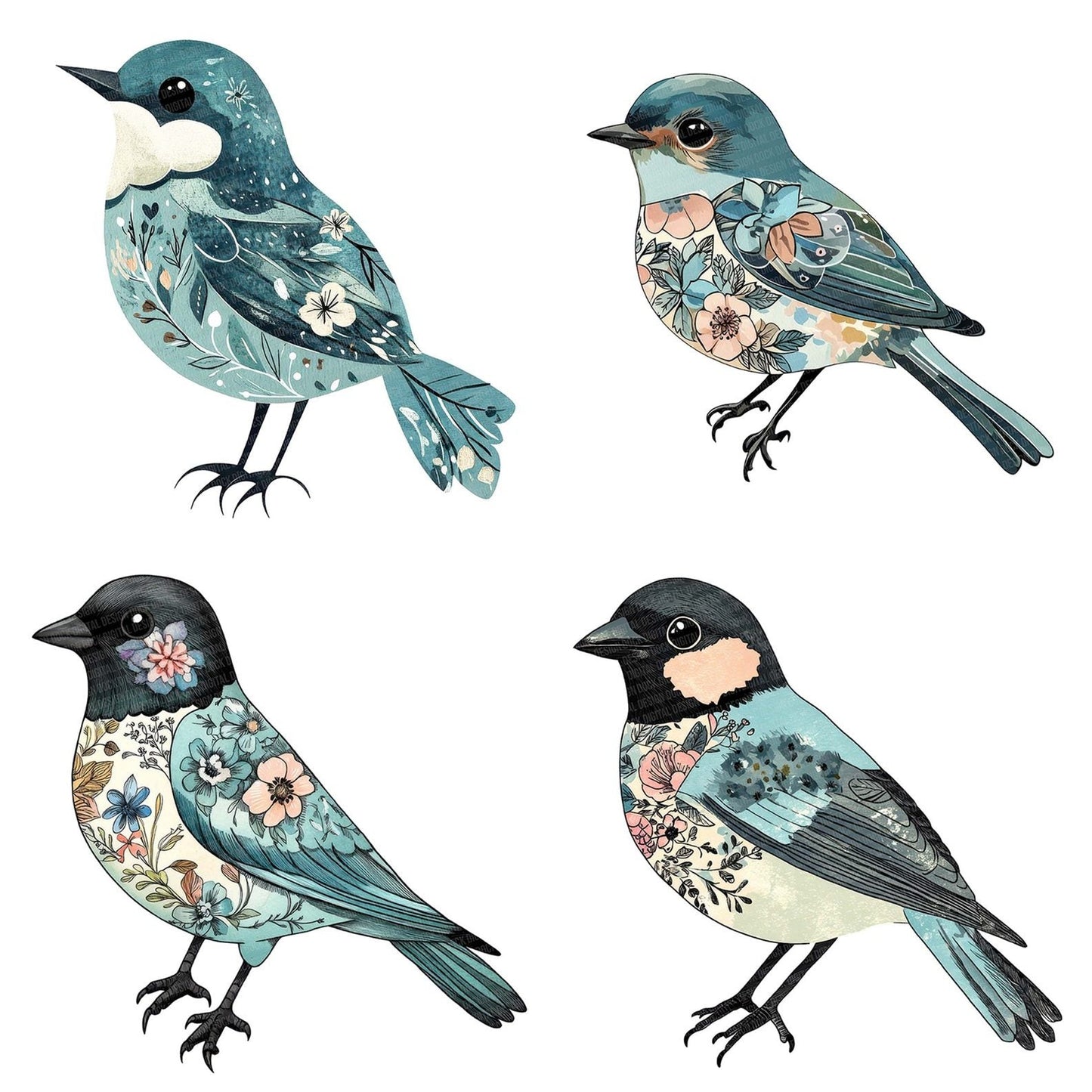 Mint Floral Bird Clipart Set (DDD006072)