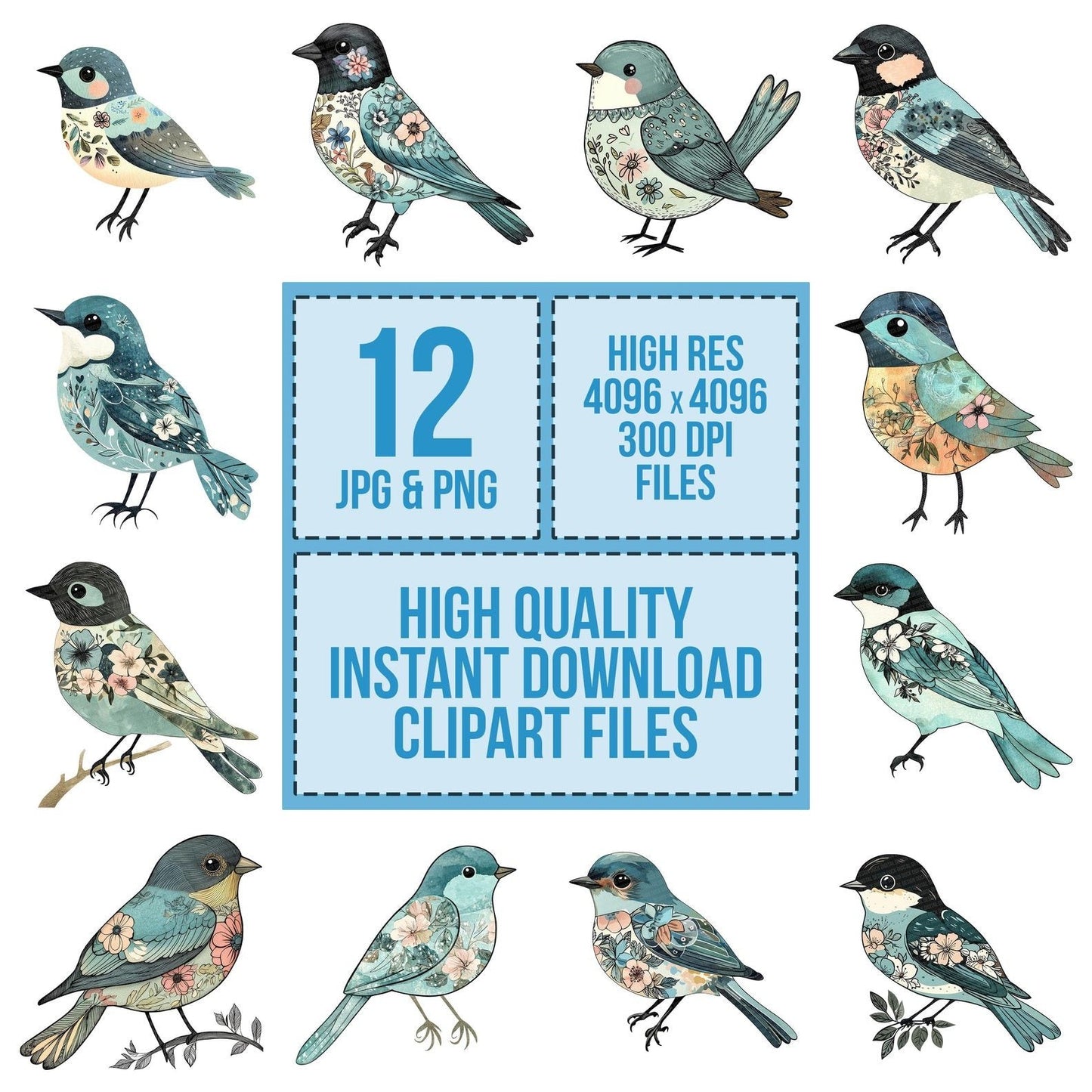 Mint Floral Bird Clipart Set (DDD006072)