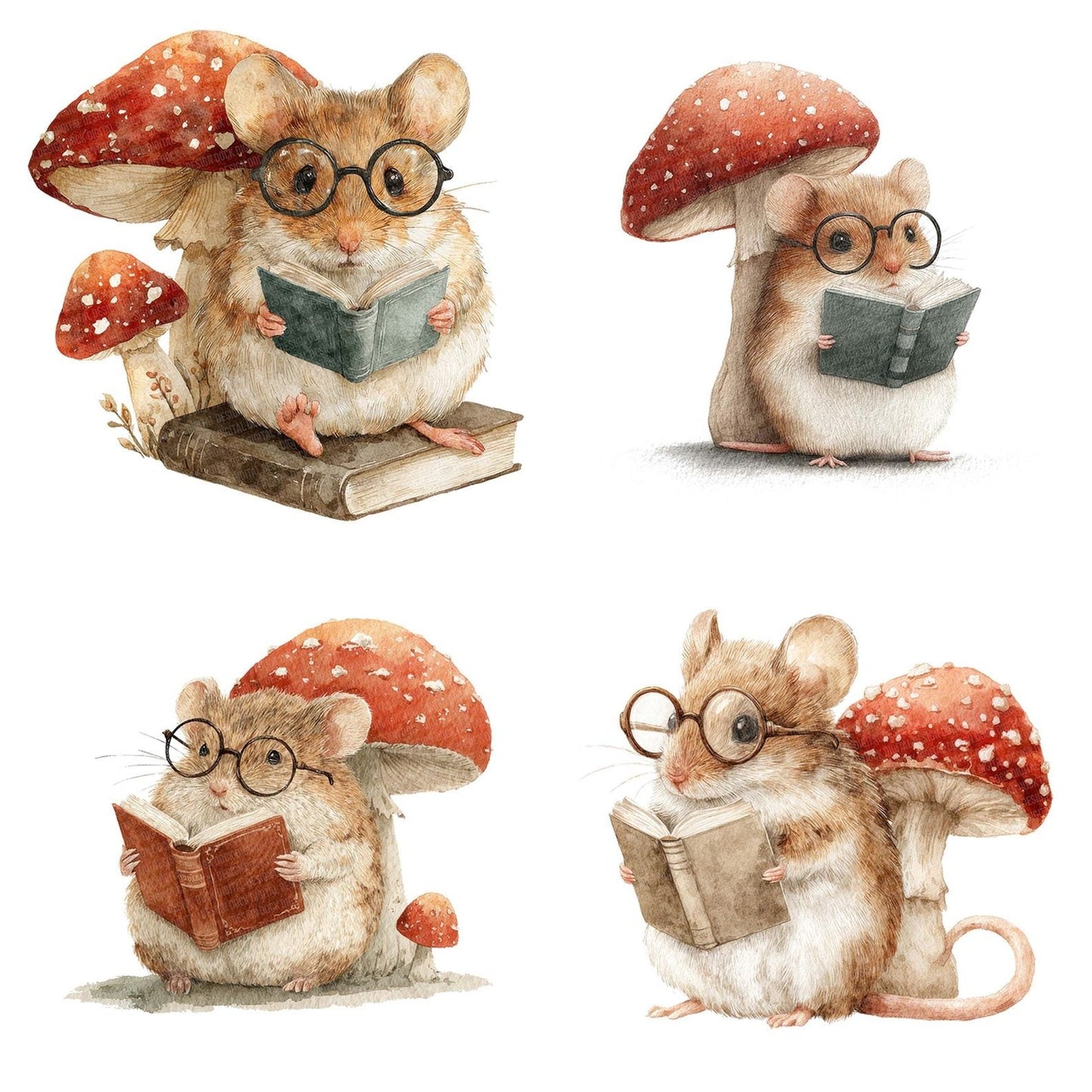 Mouse Reading Under Mushroom Clipart Set (DDD006114)