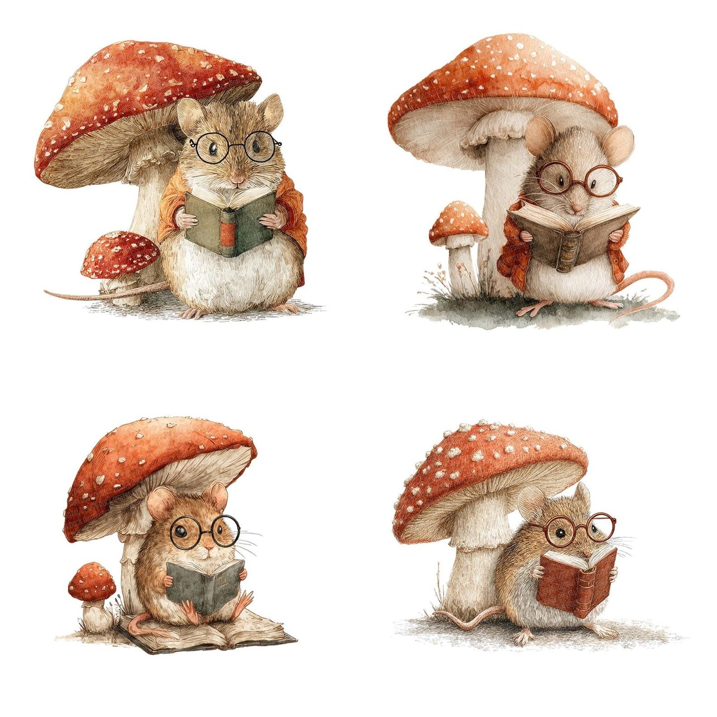 Mouse Reading Under Mushroom Clipart Set (DDD006114)