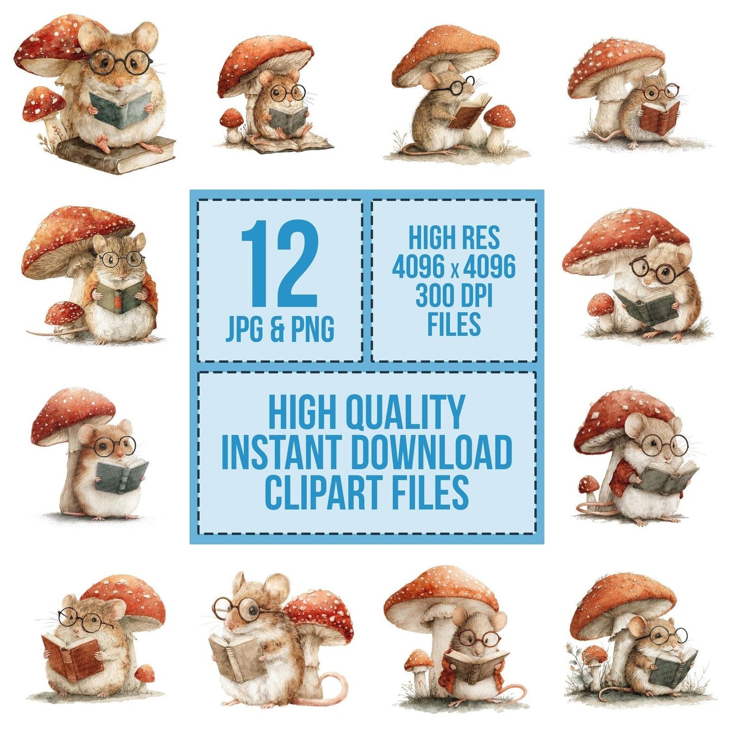 Mouse Reading Under Mushroom Clipart Set (DDD006114)