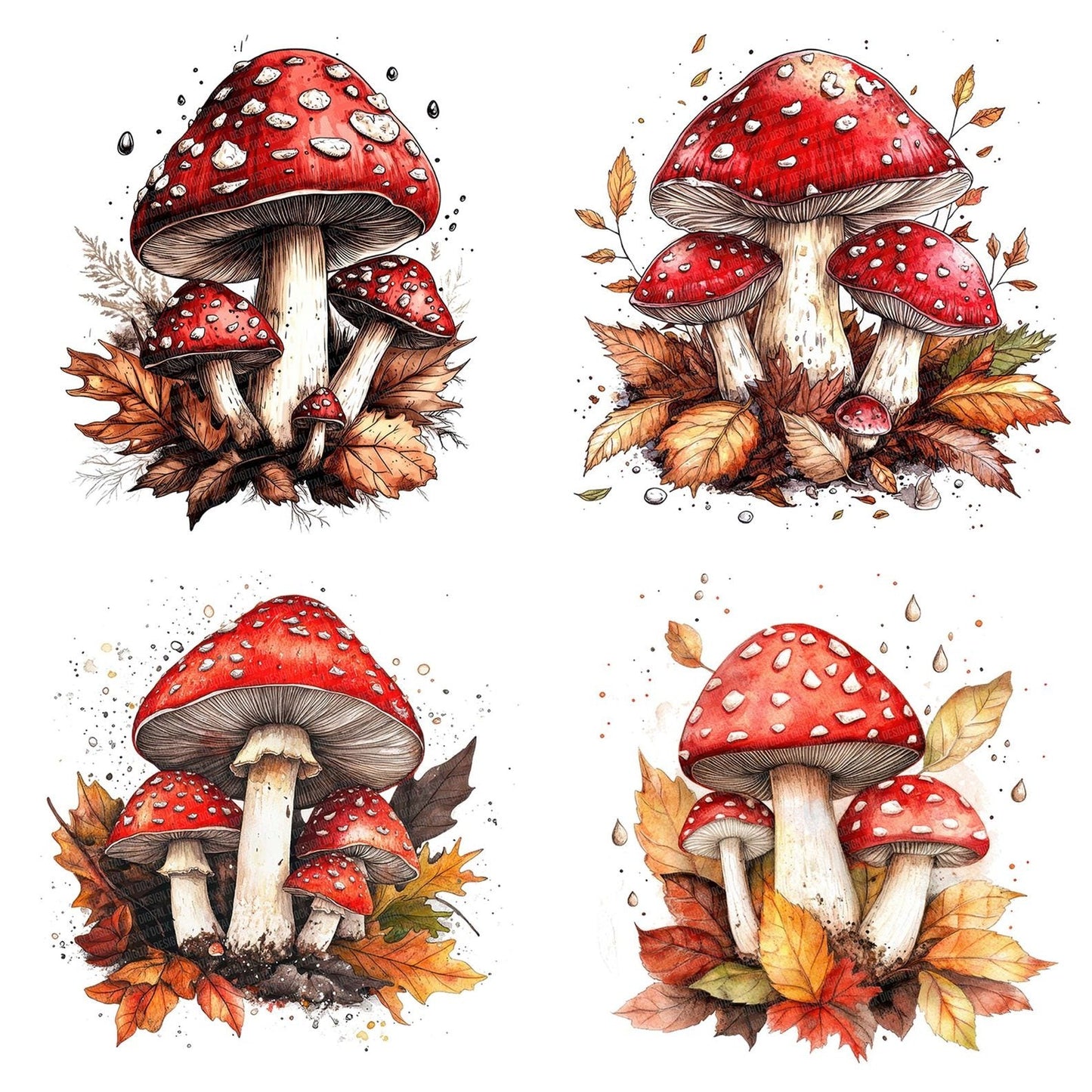 Mushroom Cluster with Leaves Clipart Set (DDD006119)