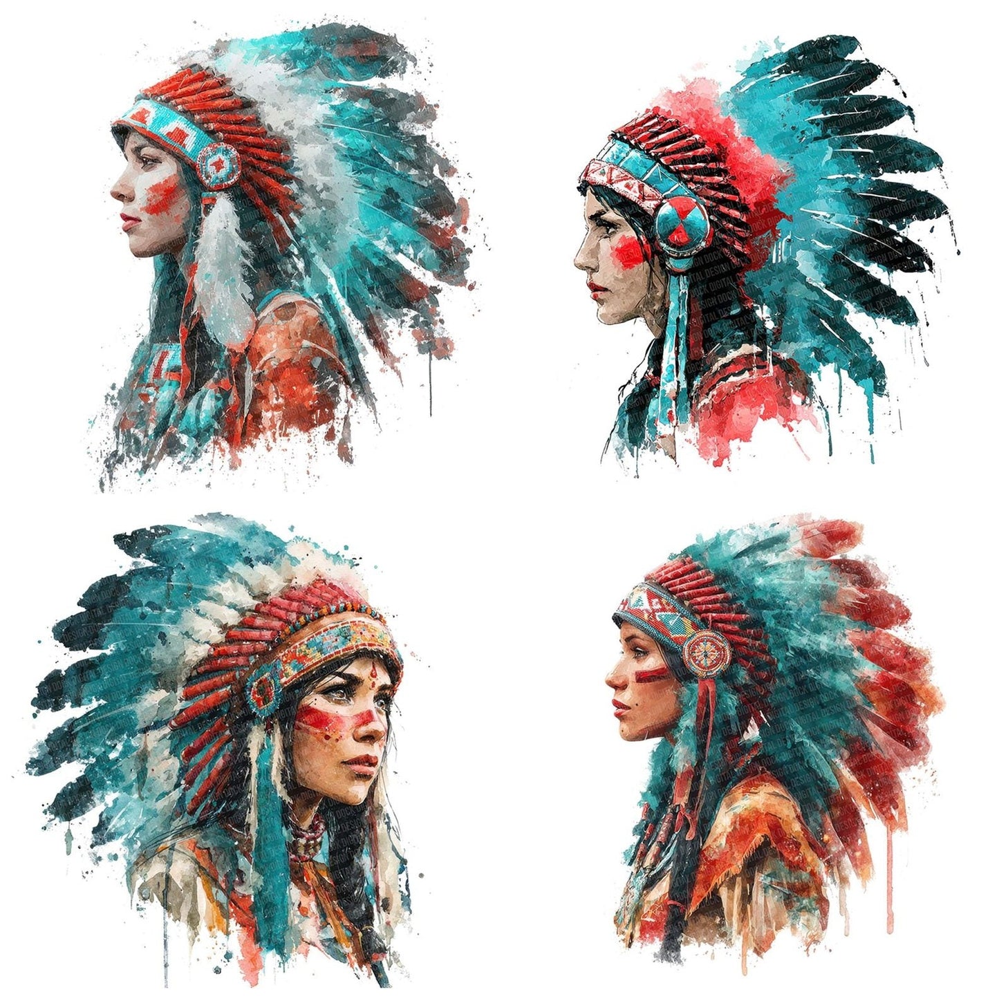 Native American Watercolour Portrait Clipart Set (DDD006128)