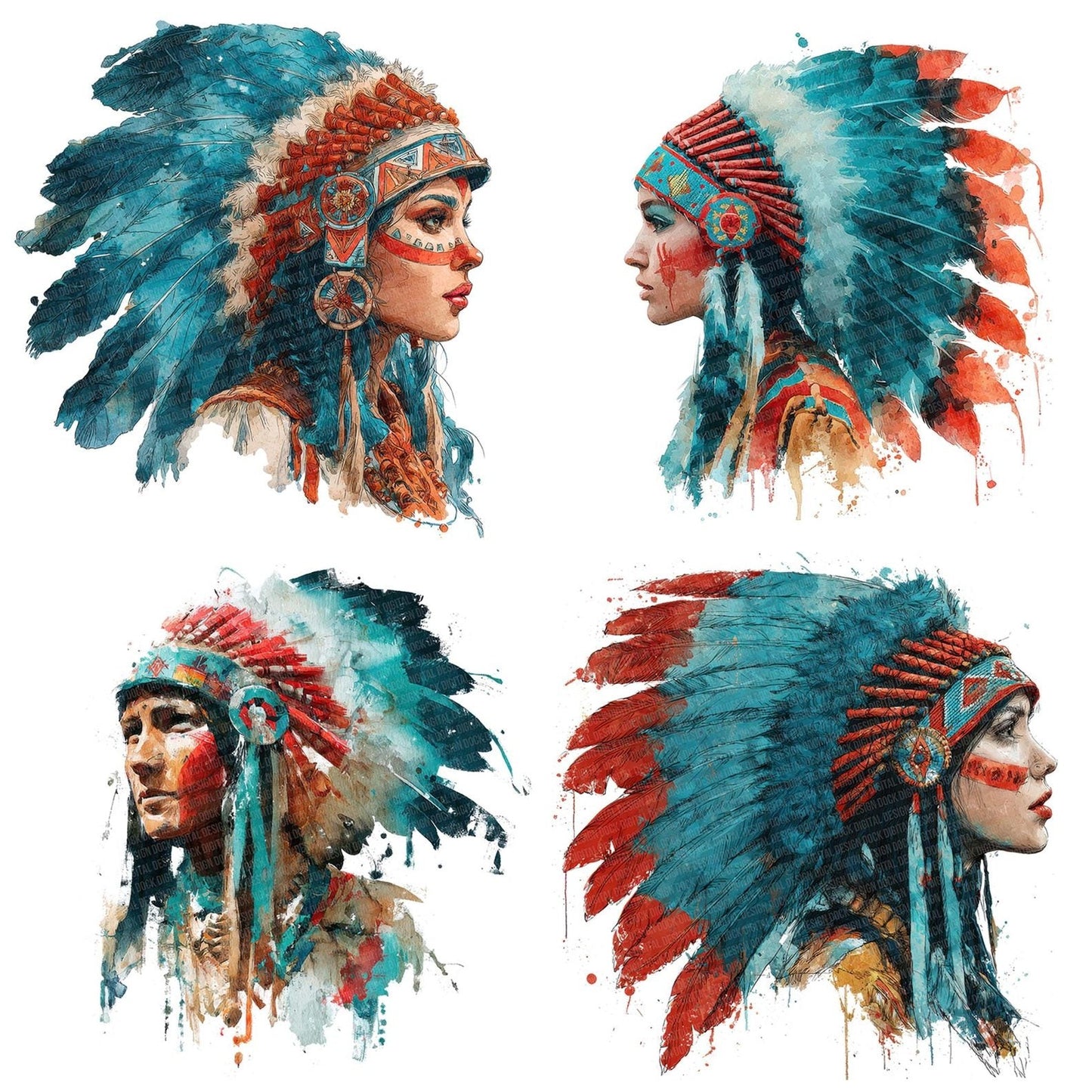 Native American Watercolour Portrait Clipart Set (DDD006128)