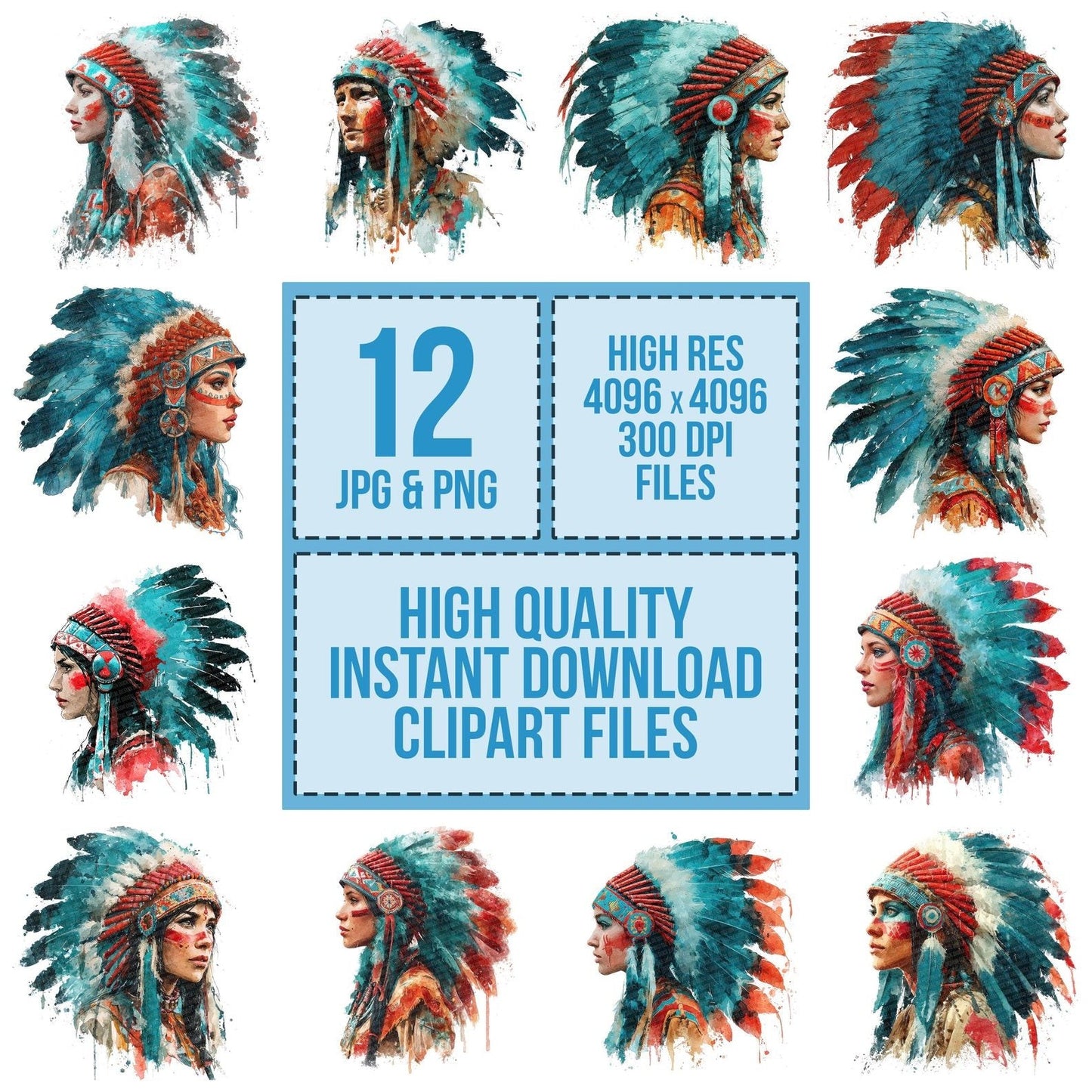 Native American Watercolour Portrait Clipart Set (DDD006128)