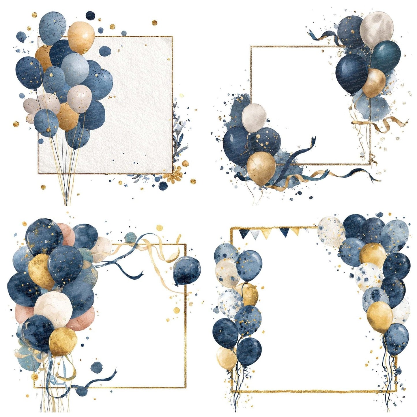 Navy Gold Balloon Frame Clipart Set (DDD006134)