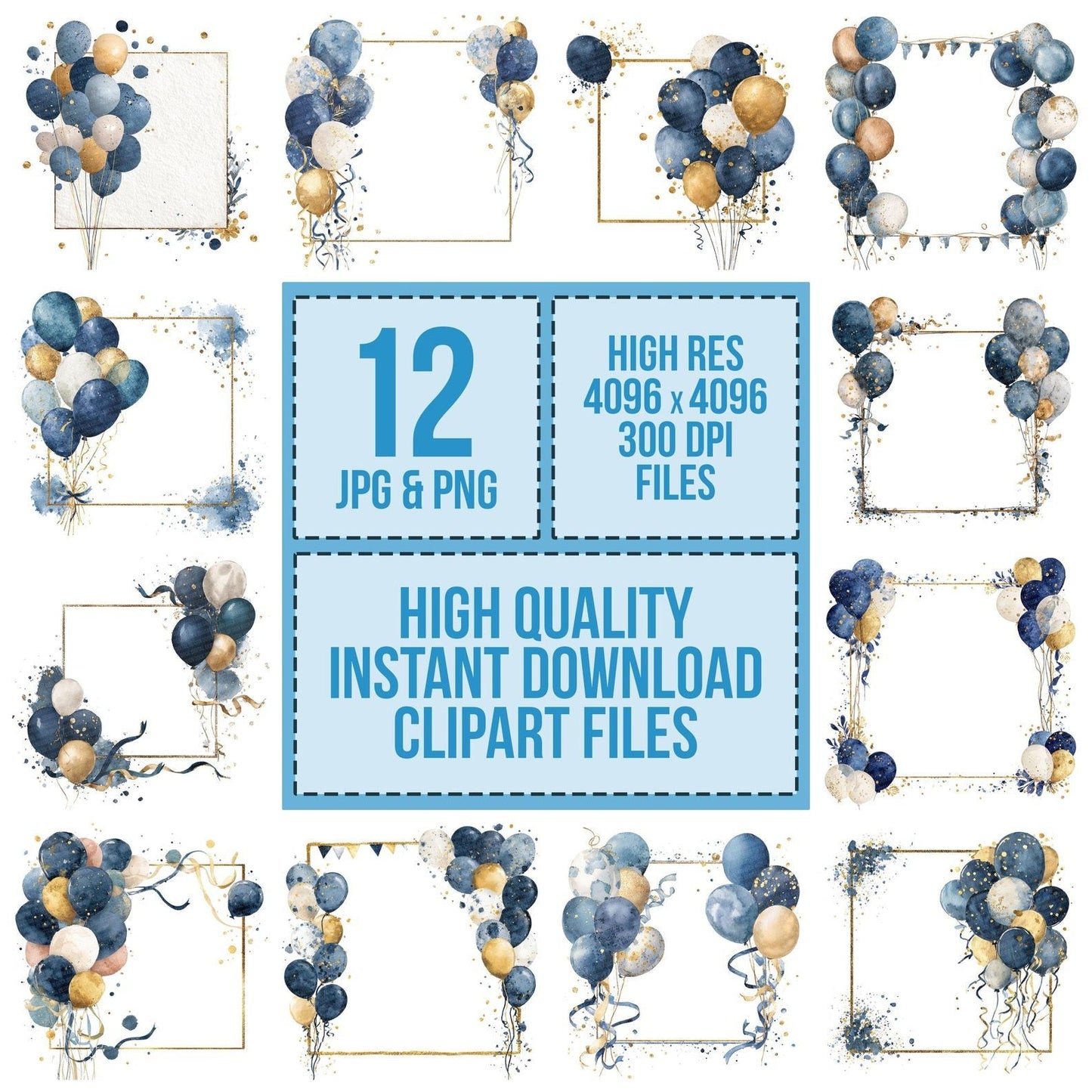 Navy Gold Balloon Frame Clipart Set (DDD006134)