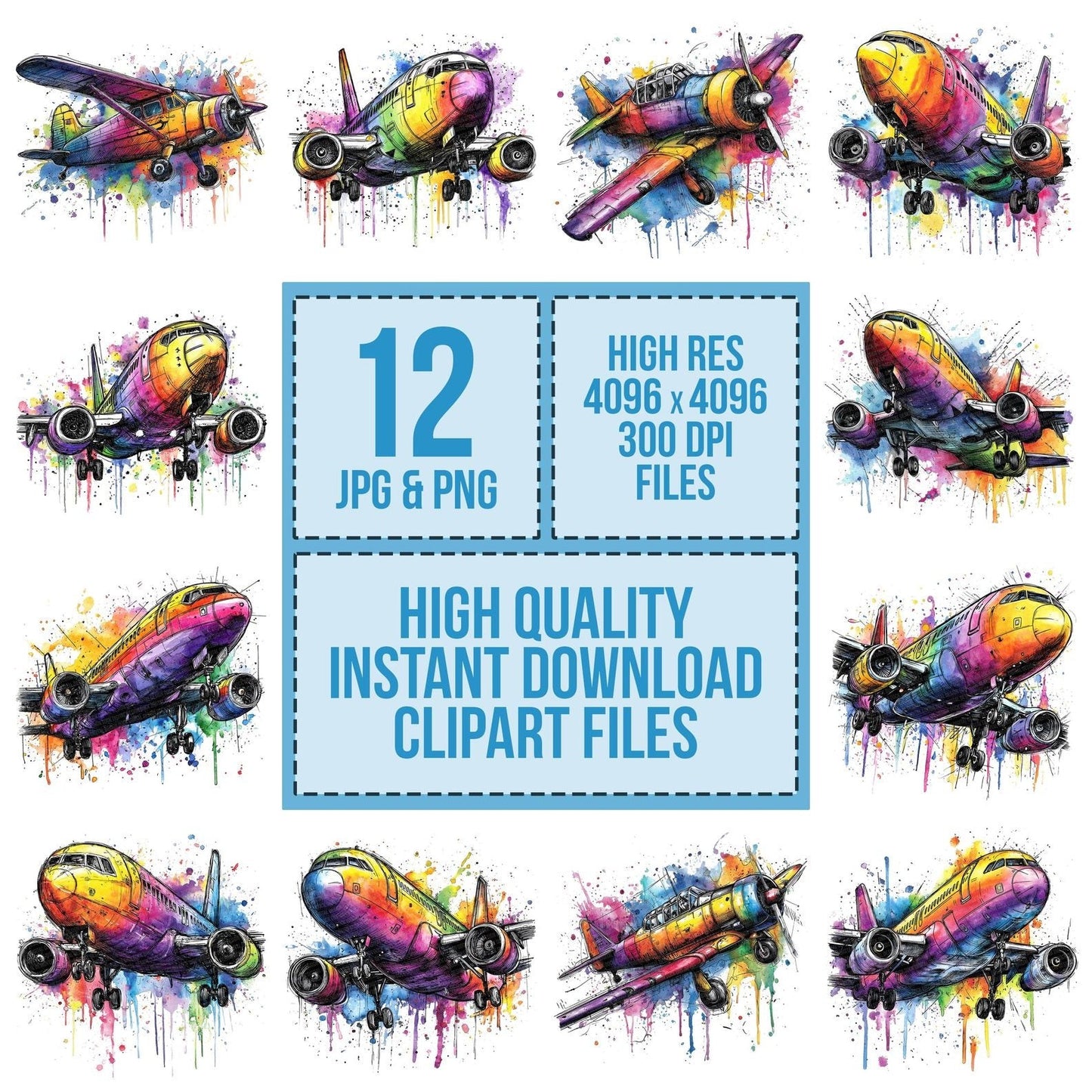 Neon Watercolour Airplane Clipart Set (DDD006143)