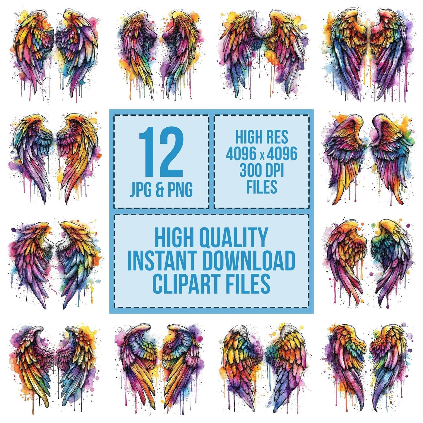 Neon Watercolour Angel Wings Clipart Set (DDD006144)