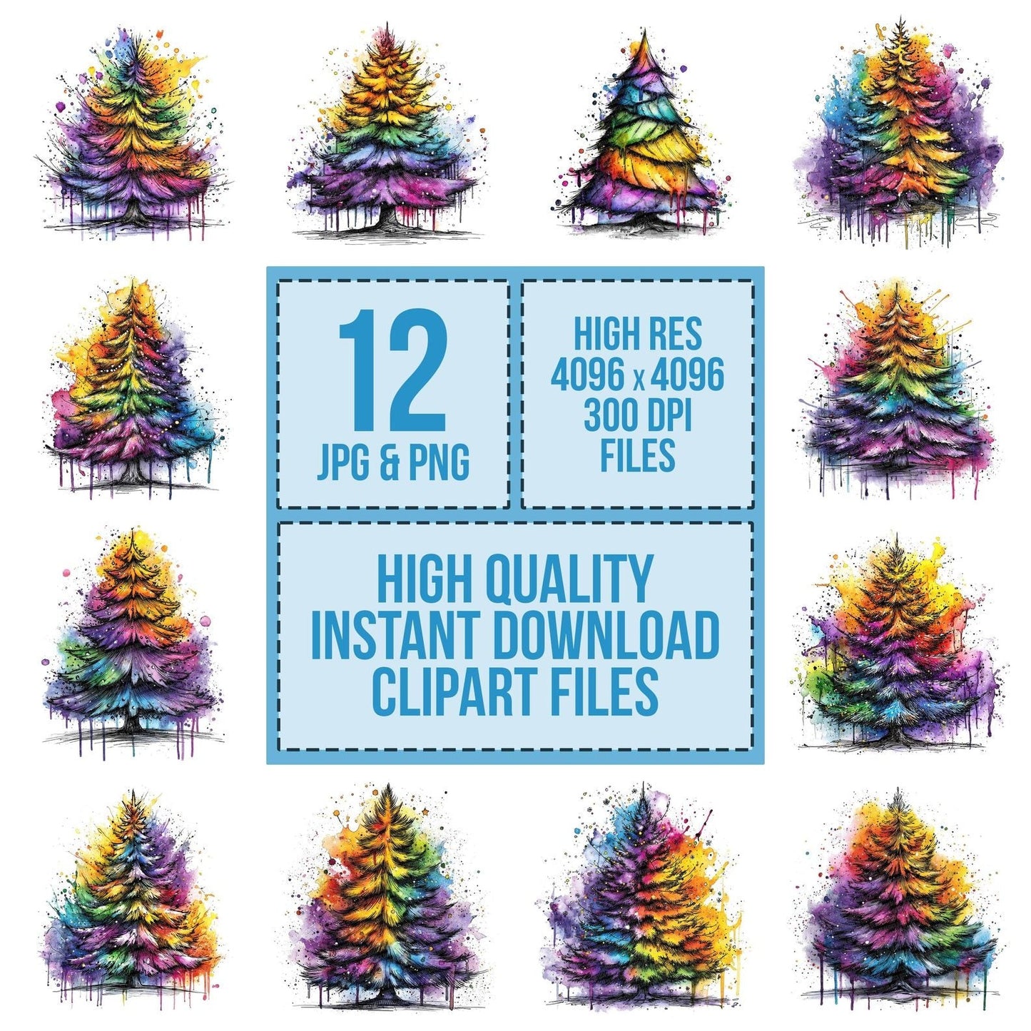 Neon Watercolour Christmas Tree Clipart Set (DDD006147)