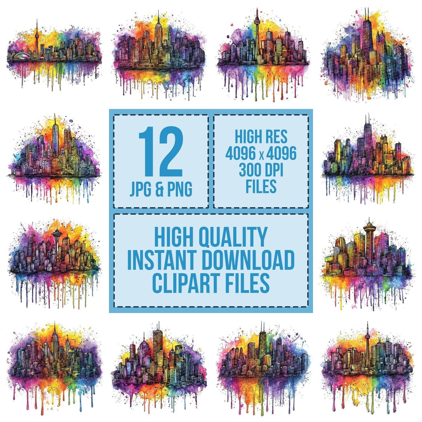 Neon Watercolour City Skyline Clipart Set (DDD006148)