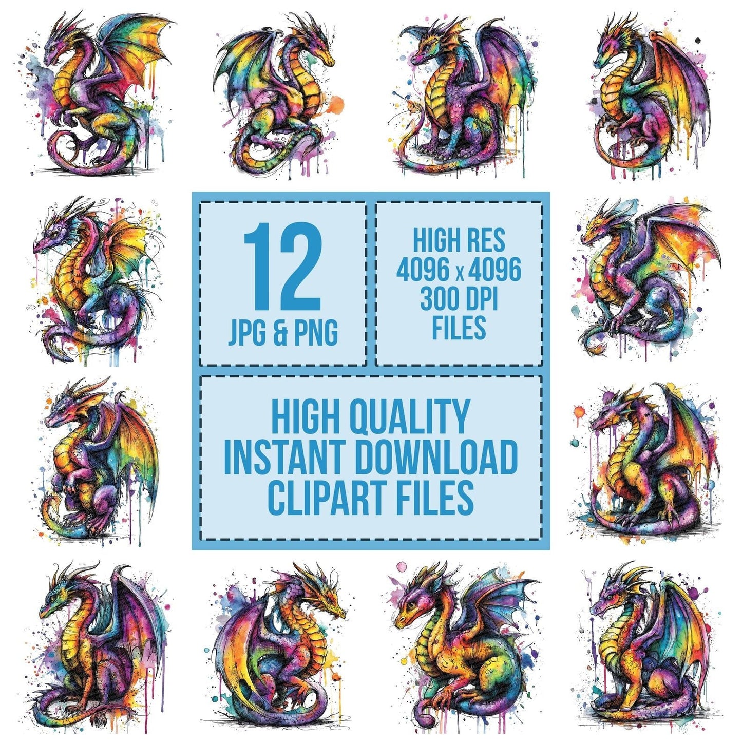 Neon Watercolour Dragon Clipart Set (DDD006150)