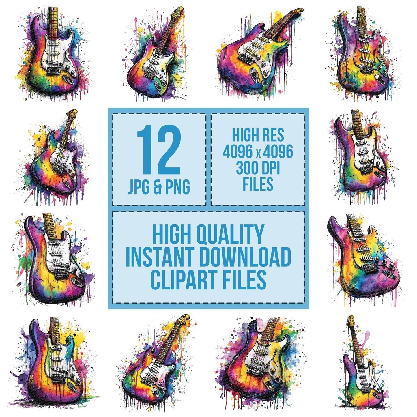 Neon Watercolour Guitar Clipart Set (DDD006153)