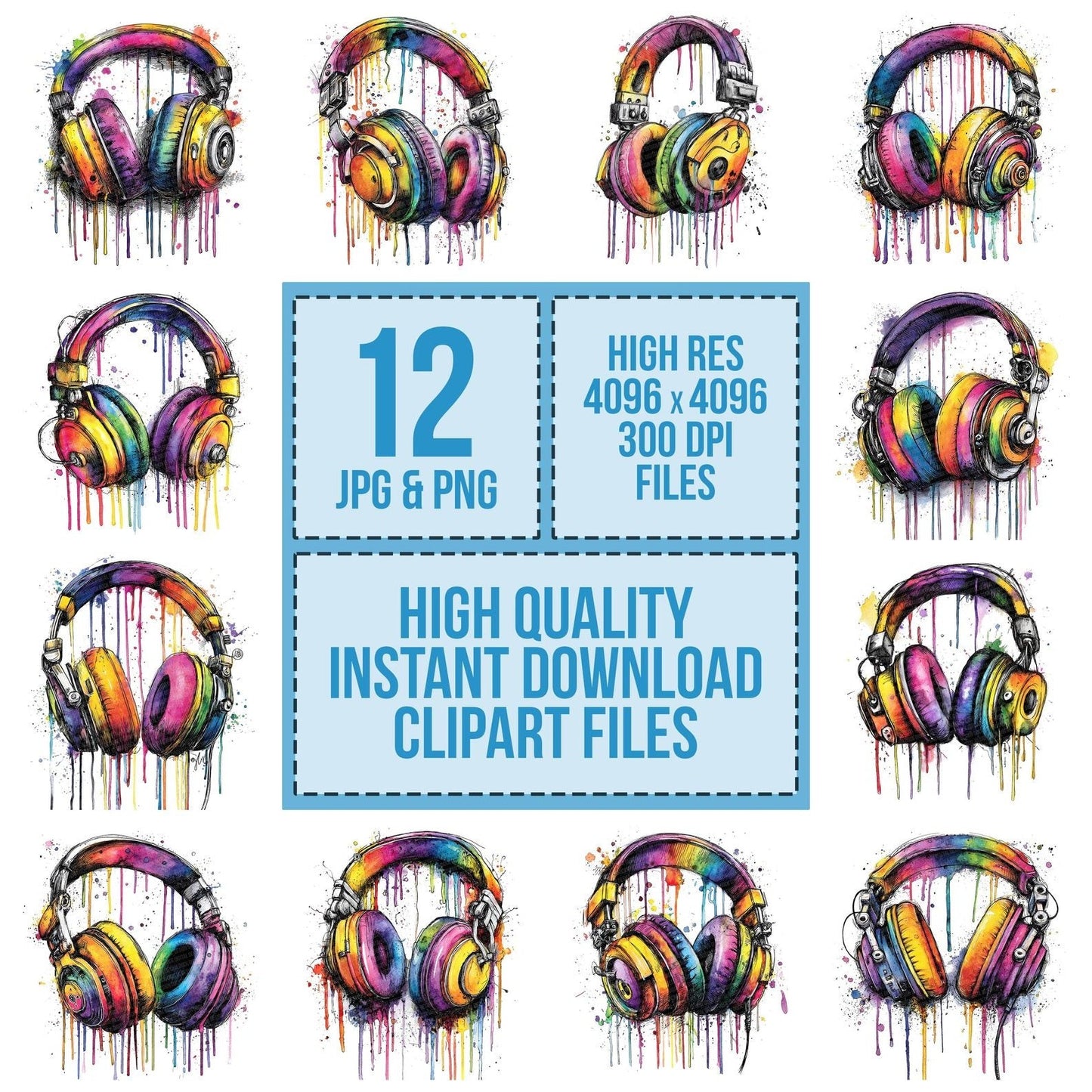 Neon Watercolour Headphones Clipart Set (DDD006155)