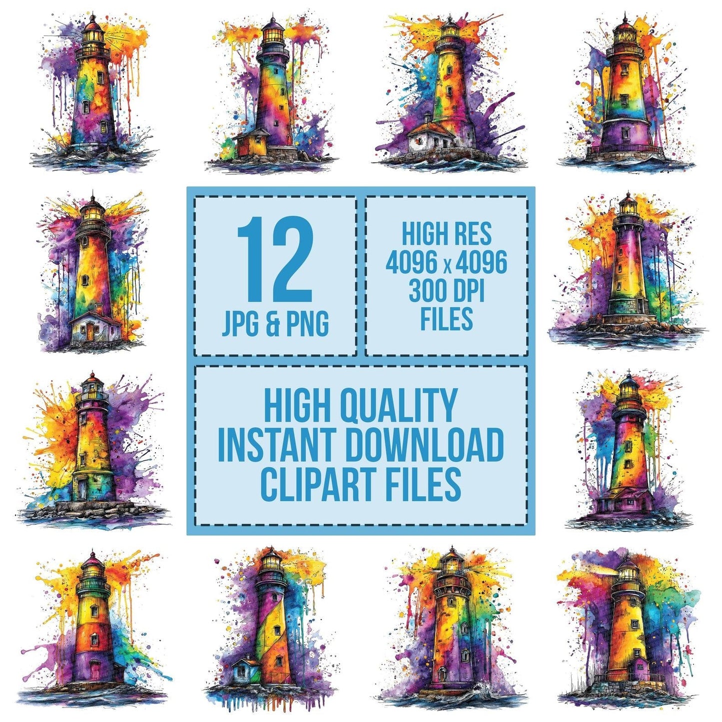 Neon Watercolour Lighthouse Clipart Set (DDD006157)