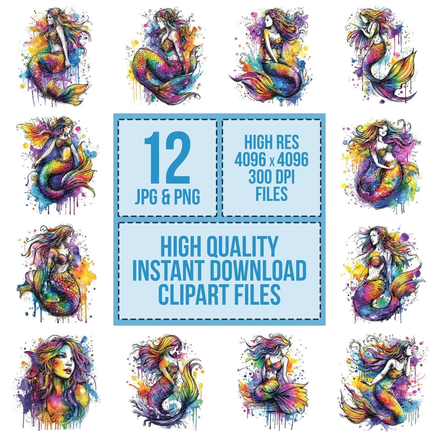 Neon Watercolour Mermaid Clipart Set (DDD006158)