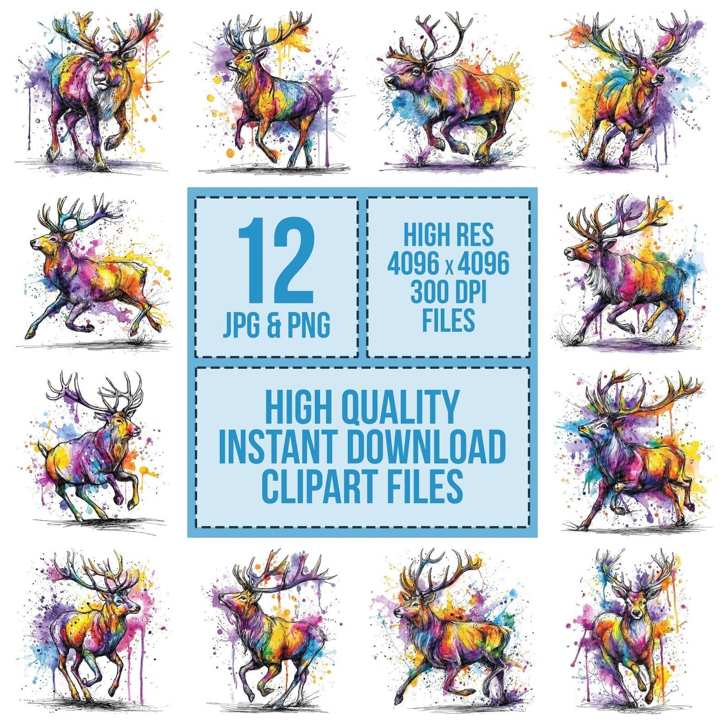 Neon Watercolour Reindeer Clipart Set (DDD006166)