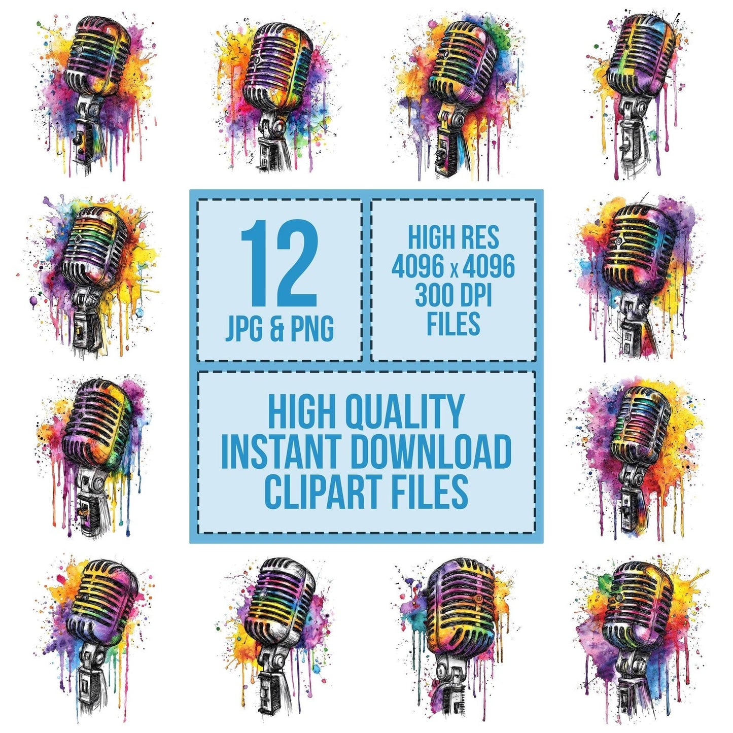 Neon Watercolour Retro Microphone Clipart Set (DDD006167)