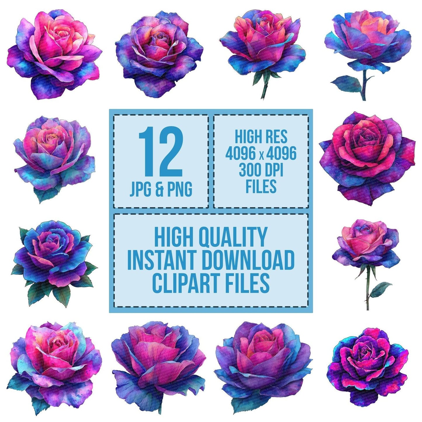 Neon Watercolour Rose Clipart Set (DDD006168)