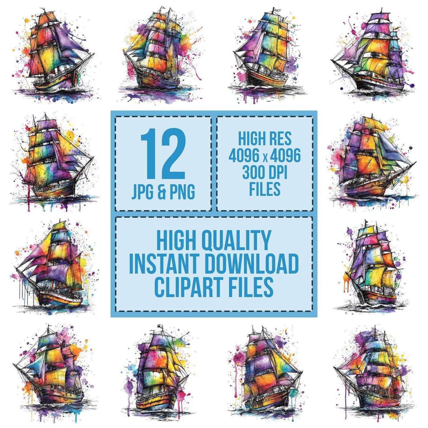 Neon Watercolour Sailing Ship Clipart Set (DDD006169)