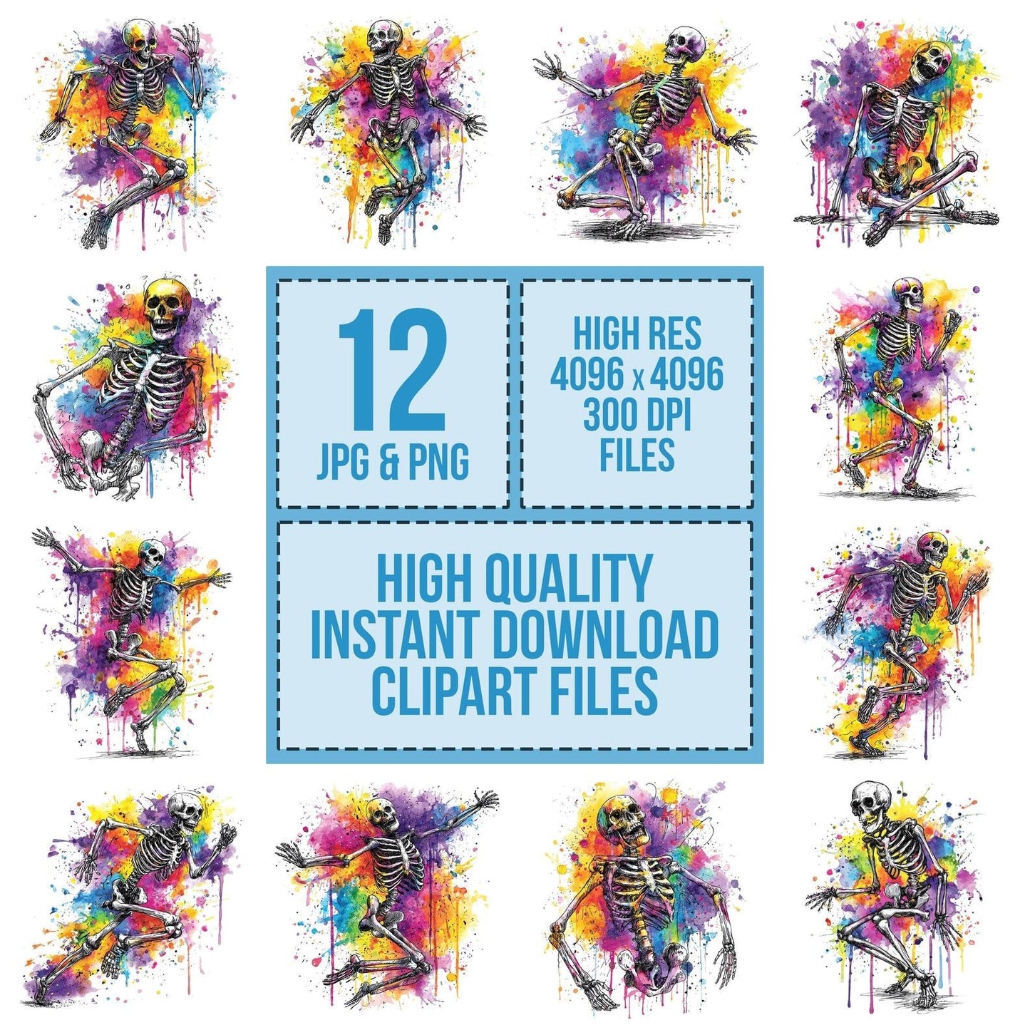 Neon Watercolour Skeleton Clipart Set (DDD006171)