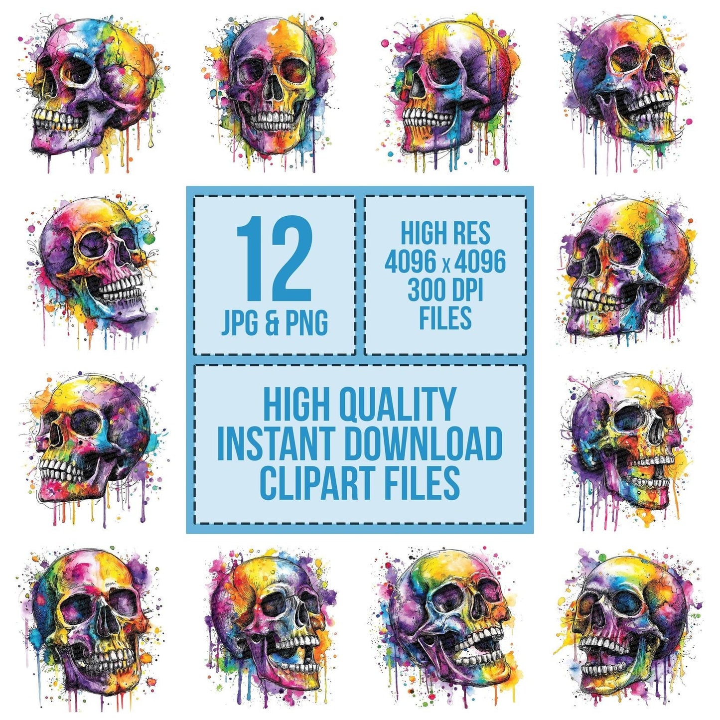 Neon Watercolour Skull Clipart Set (DDD006172)