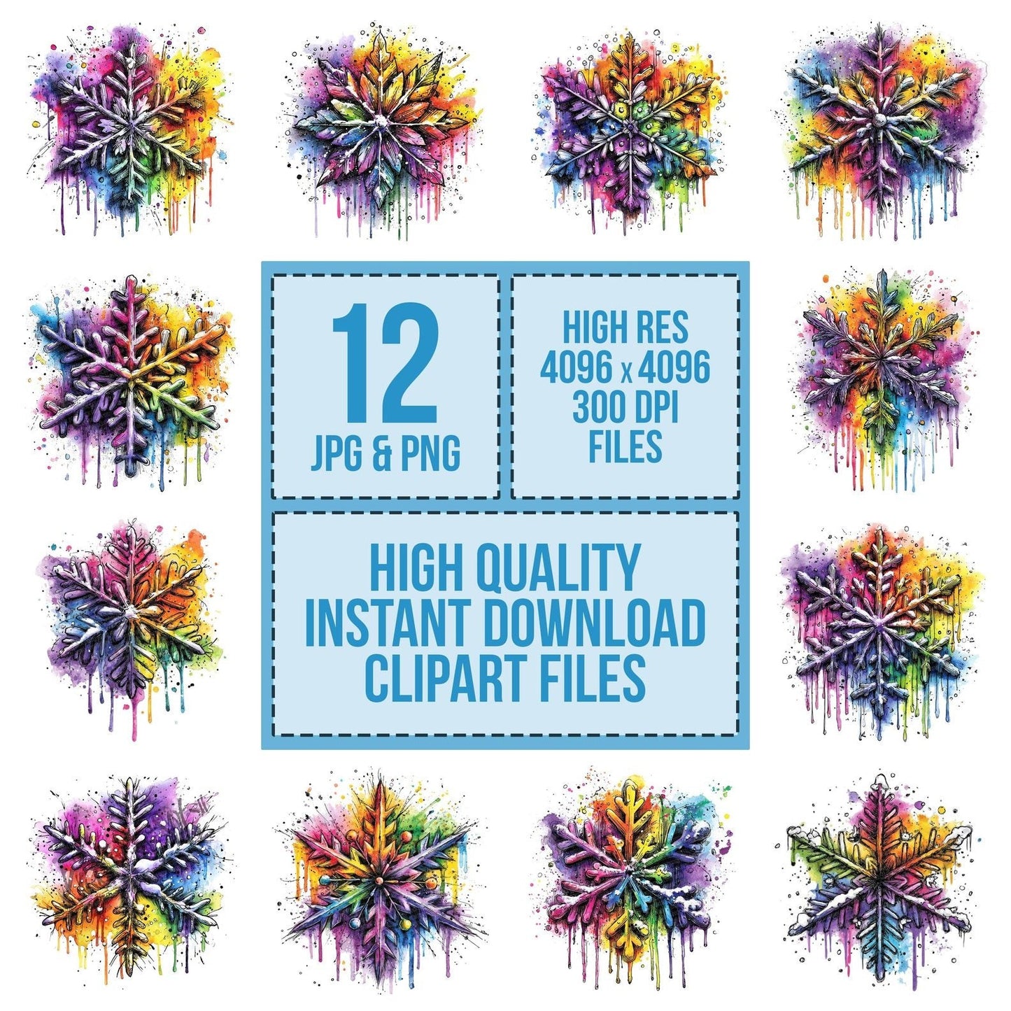 Neon Watercolour Snowflake Clipart Set (DDD006173)