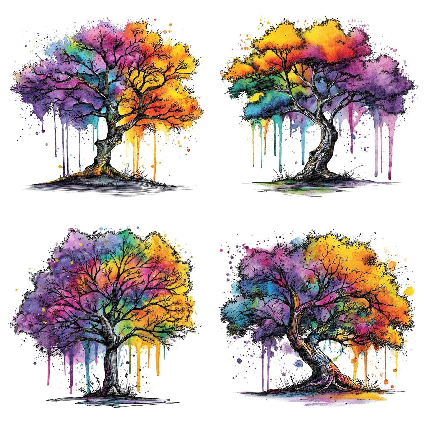 Neon Watercolour Tree Clipart Set (DDD006174)