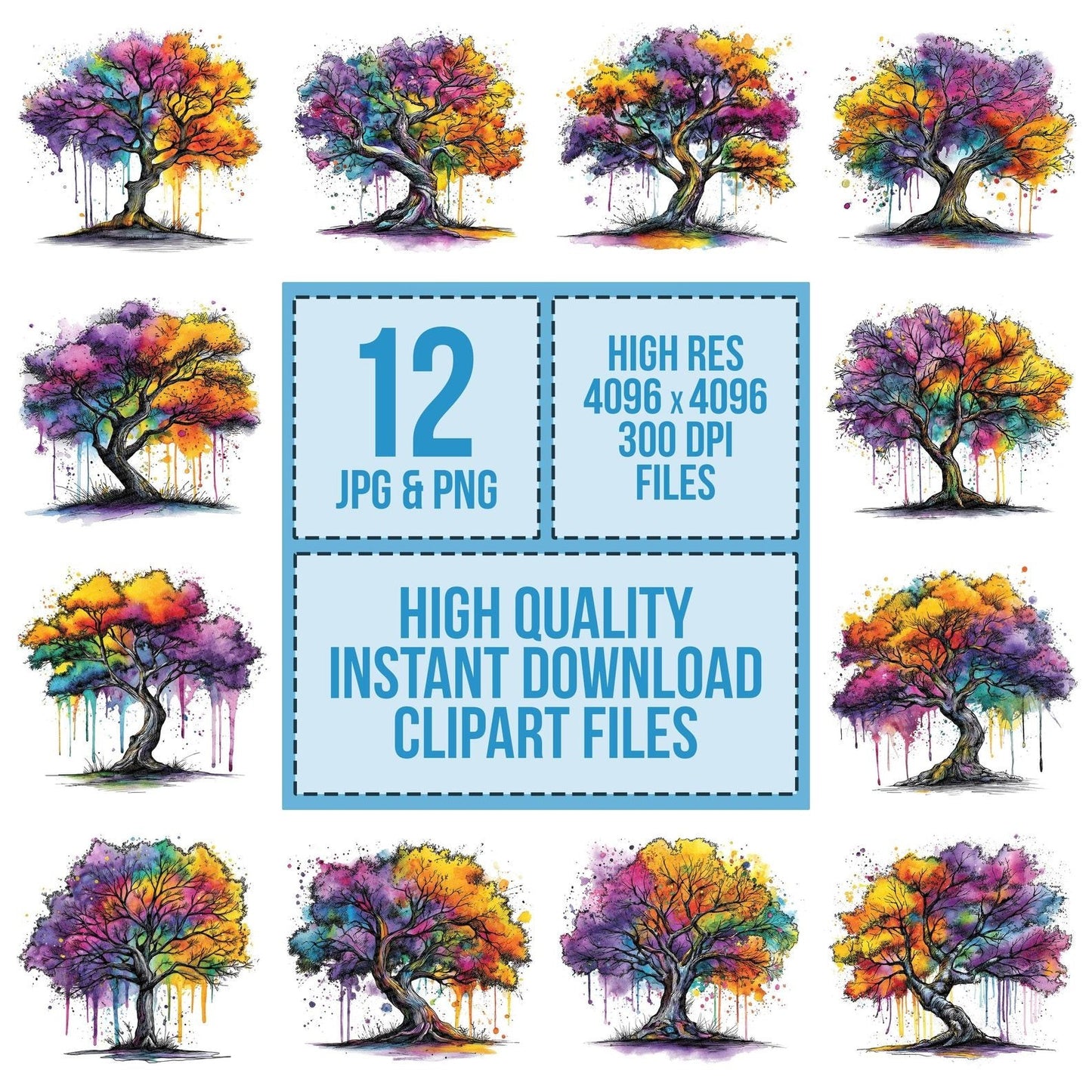 Neon Watercolour Tree Clipart Set (DDD006174)