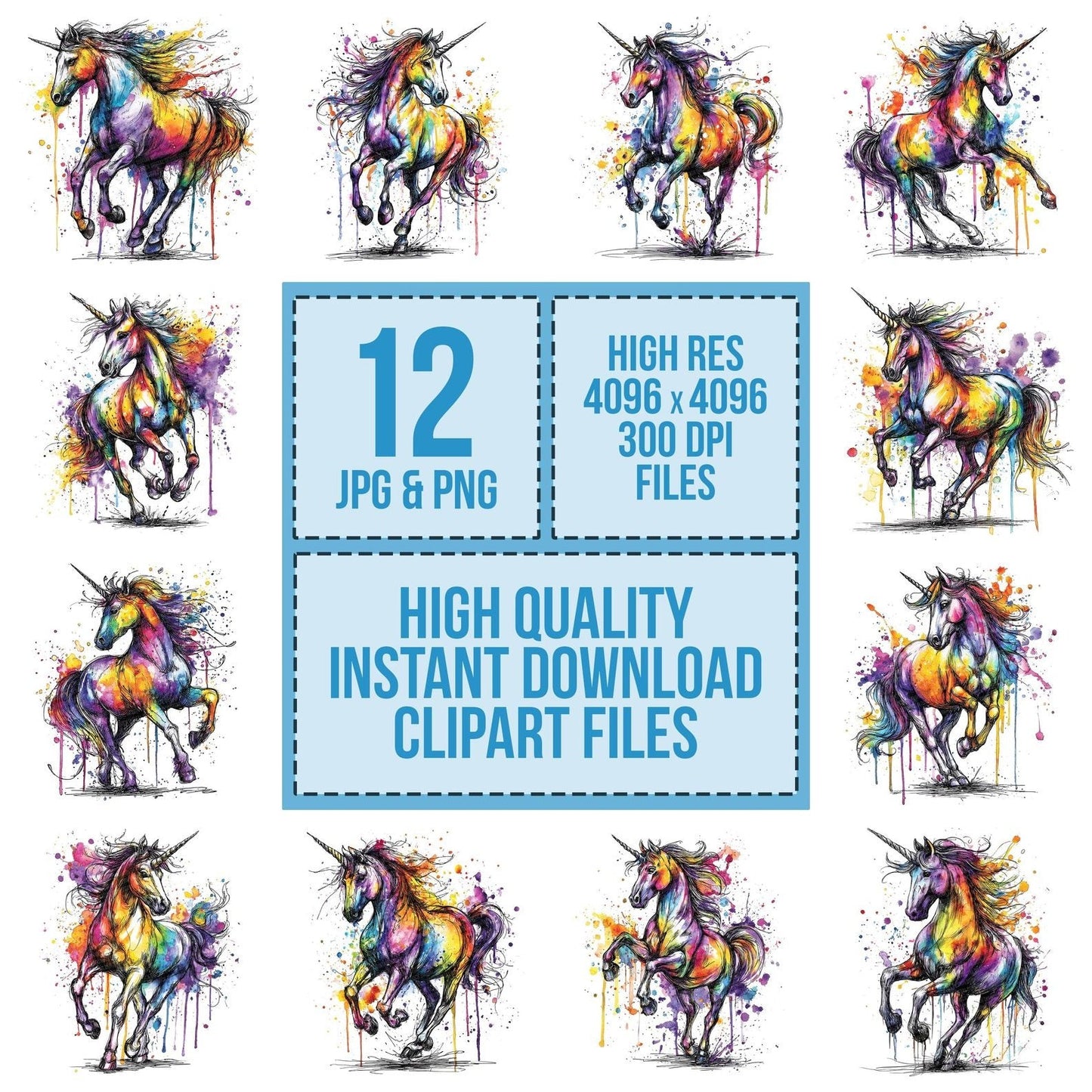 Neon Watercolour Unicorn Clipart Set (DDD006175)