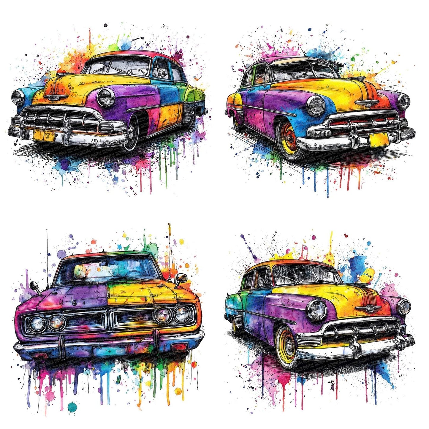 Neon Watercolour Vintage Car Clipart Set (DDD006176)