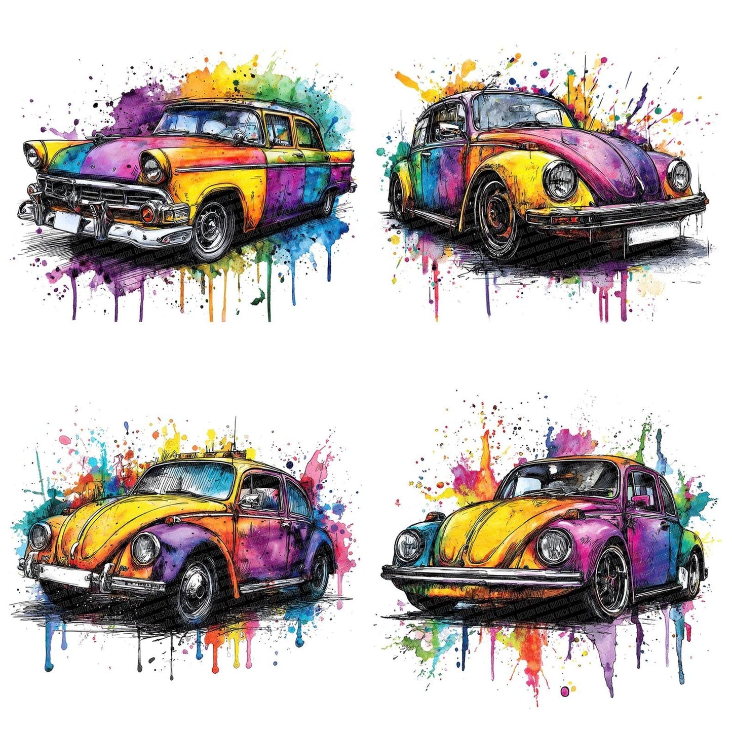 Neon Watercolour Vintage Car Clipart Set (DDD006176)