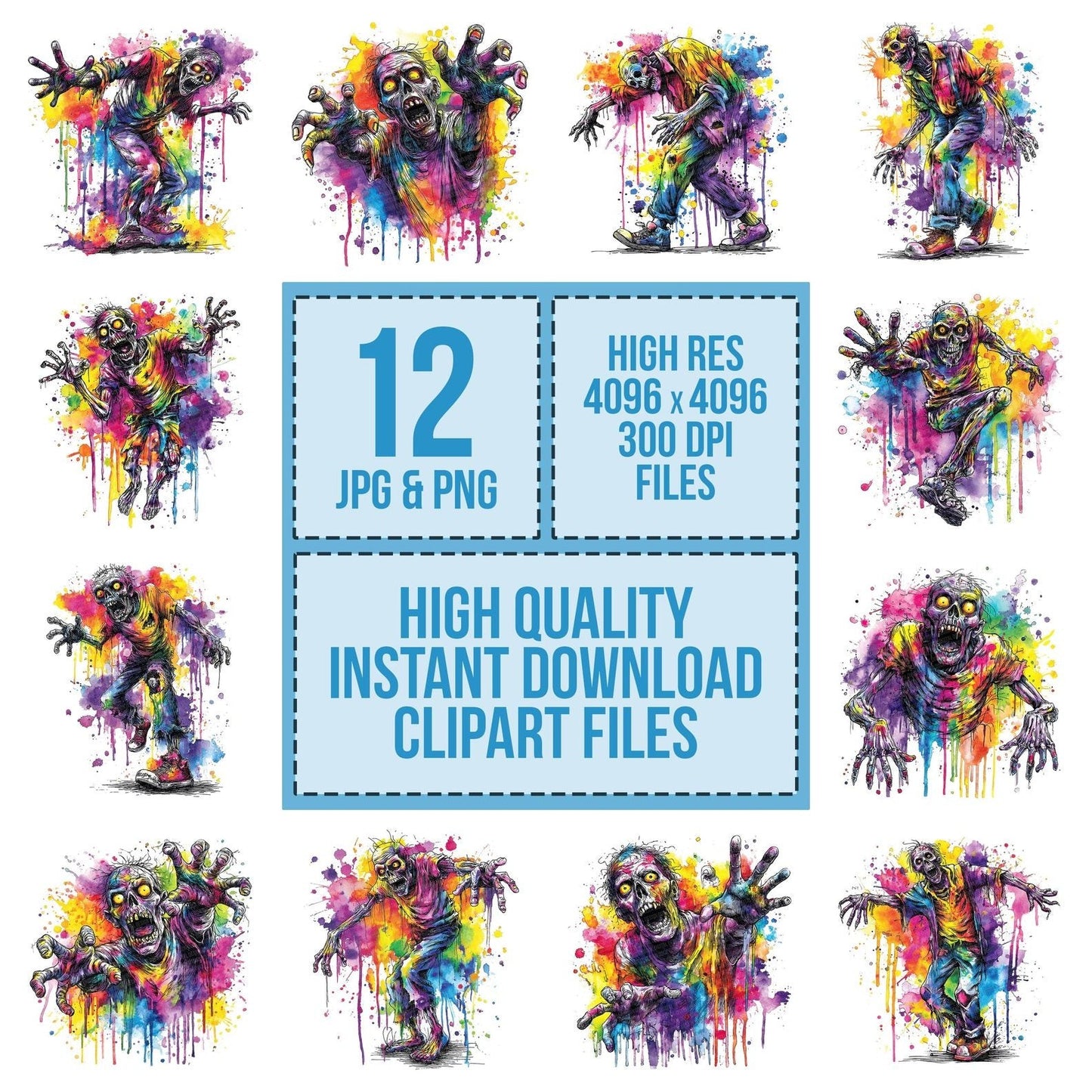 Neon Watercolour Zombie Clipart Set (DDD006178)