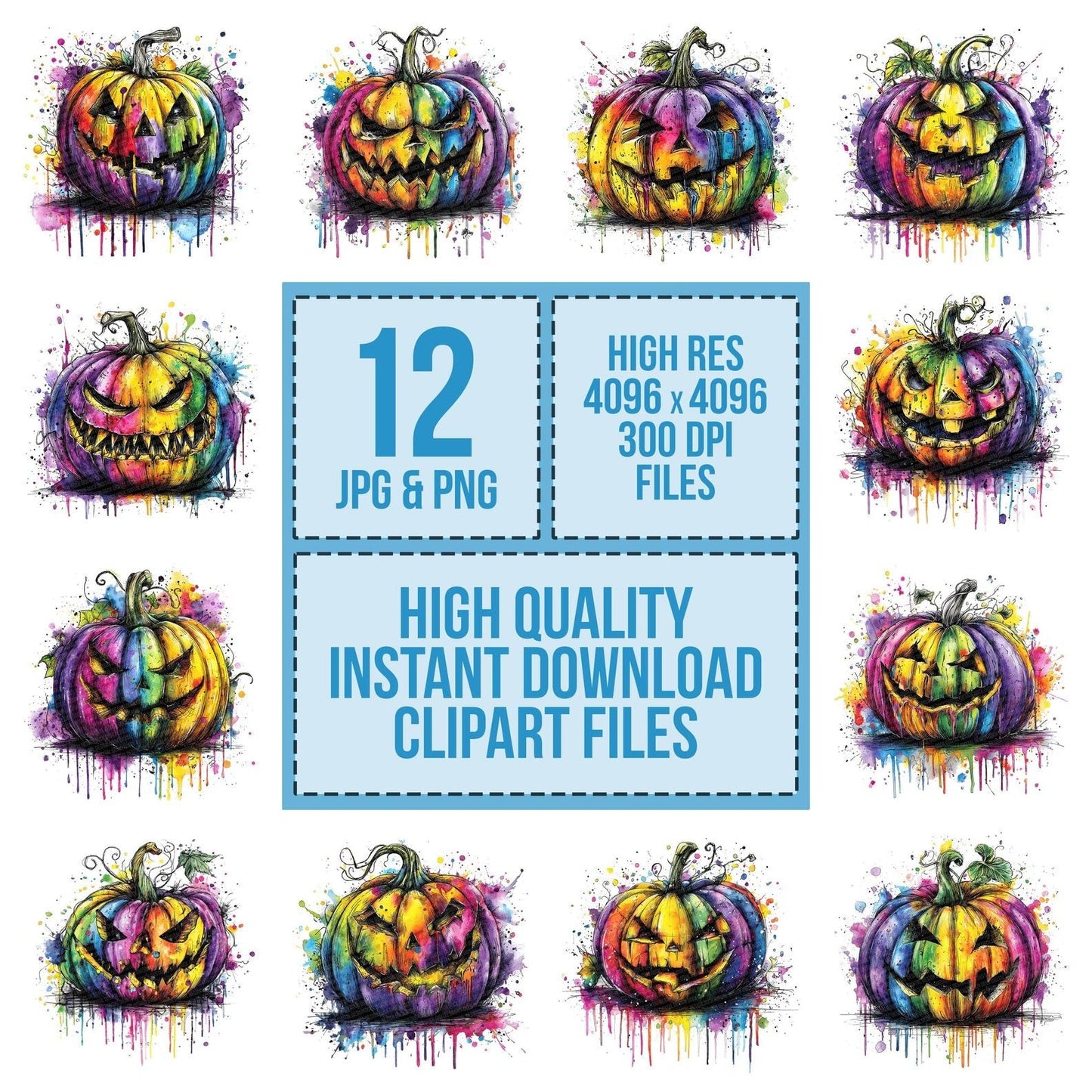 Neon Watercolour halloween Pumpkin Clipart Set (DDD006154)