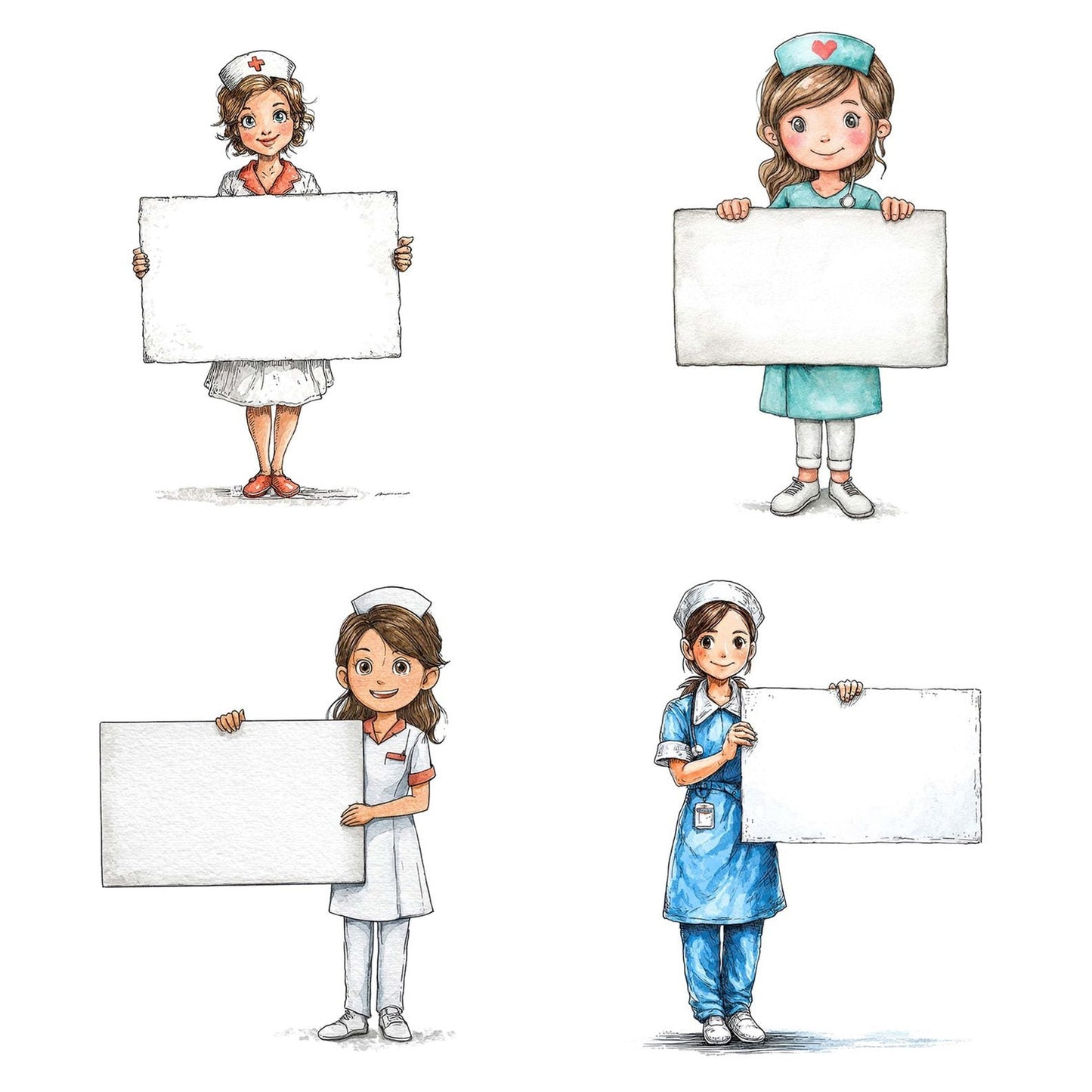 Nurse Character Holding Blank Banner Clipart Set (DDD006181)
