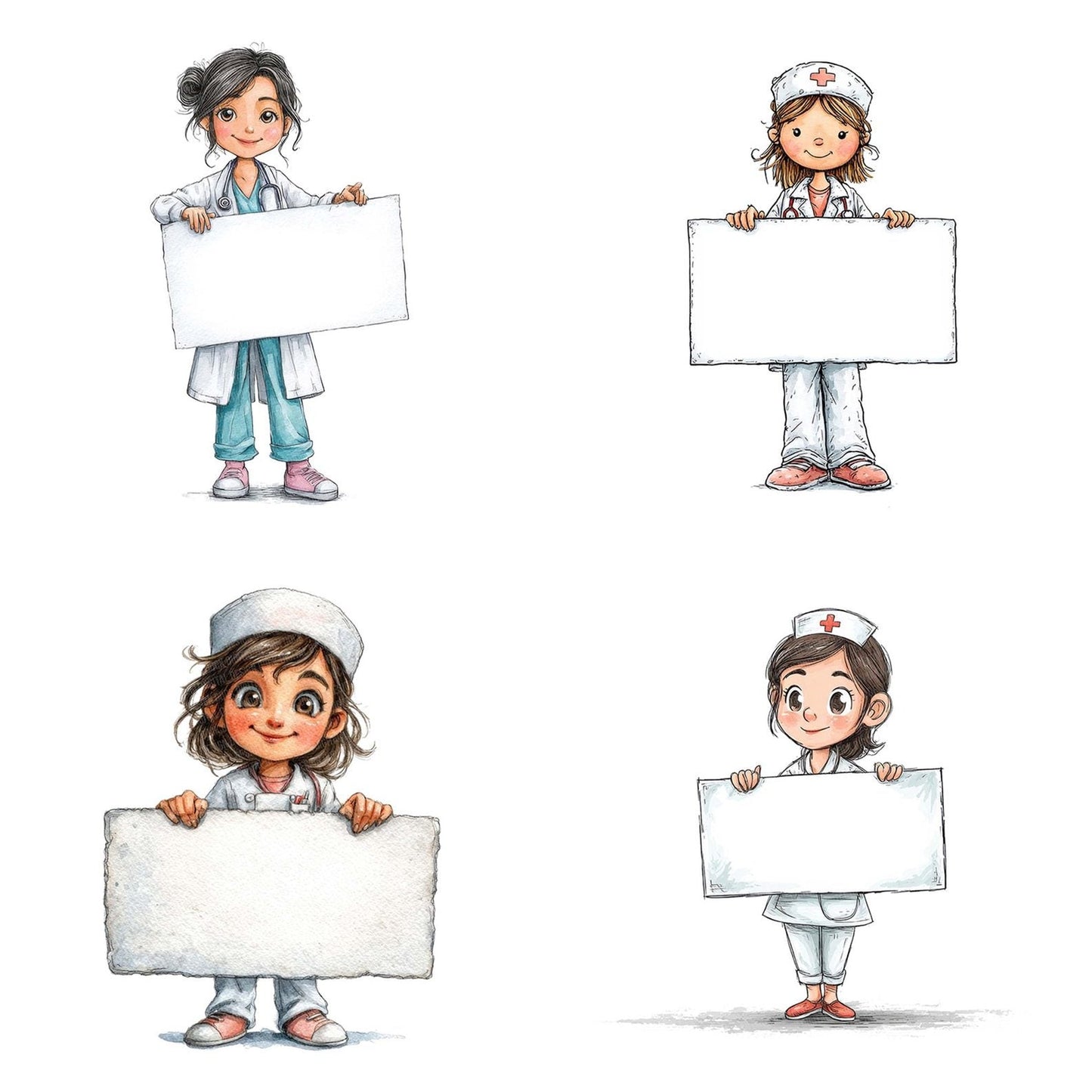 Nurse Character Holding Blank Banner Clipart Set (DDD006181)