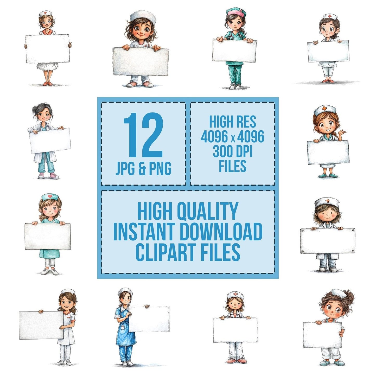 Nurse Character Holding Blank Banner Clipart Set (DDD006181)