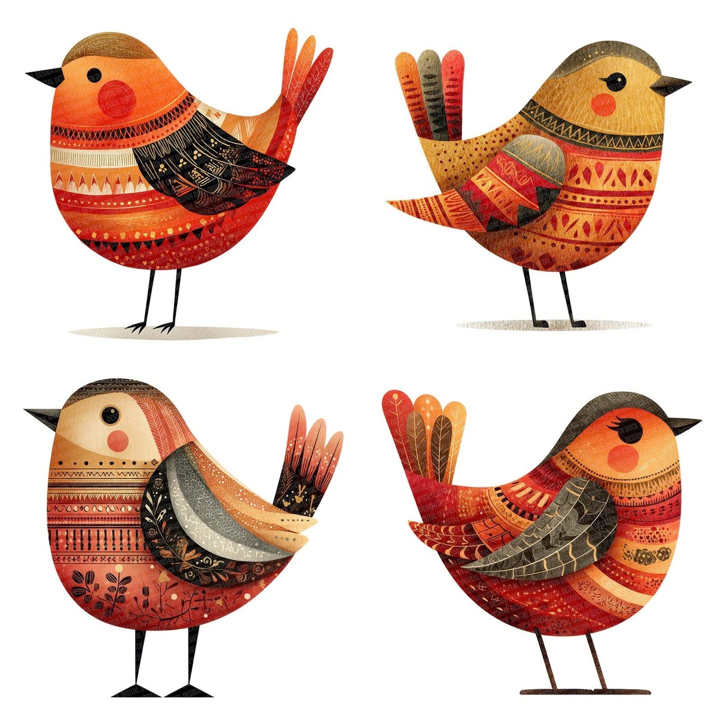 Ochre Folk Art Bird Clipart Set (DDD006188)