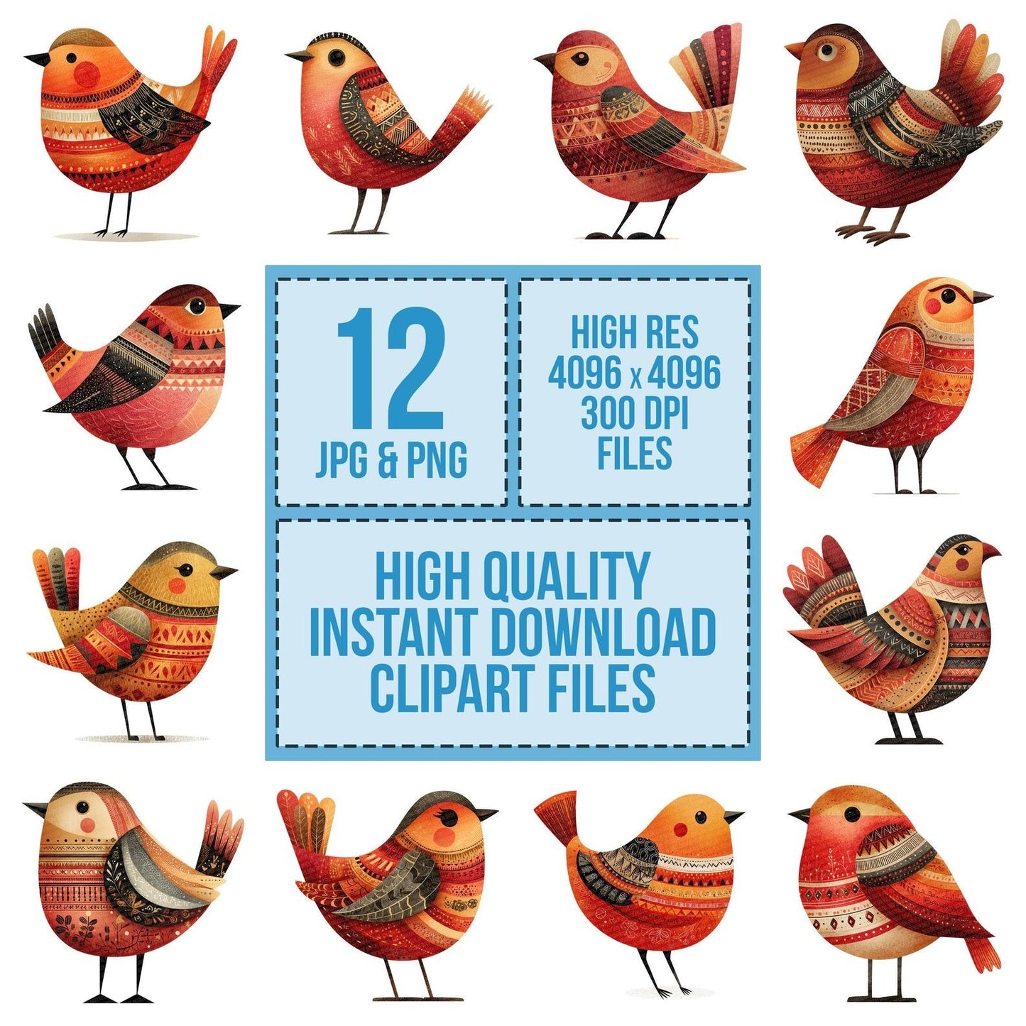 Ochre Folk Art Bird Clipart Set (DDD006188)